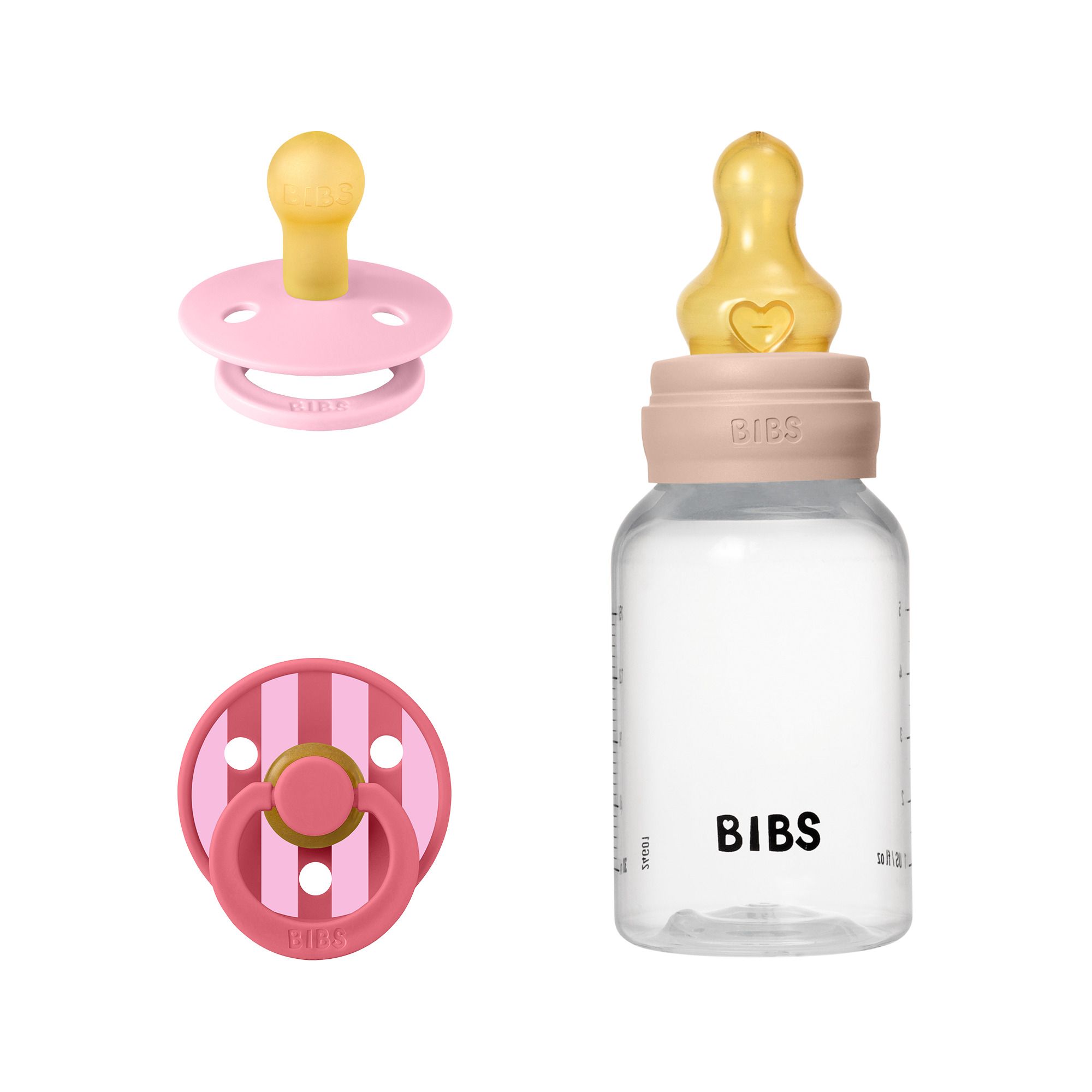 Trois éléments : sucette, sucette et biberon. Logo BIBS sur le biberon. Tons roses et jaunes.