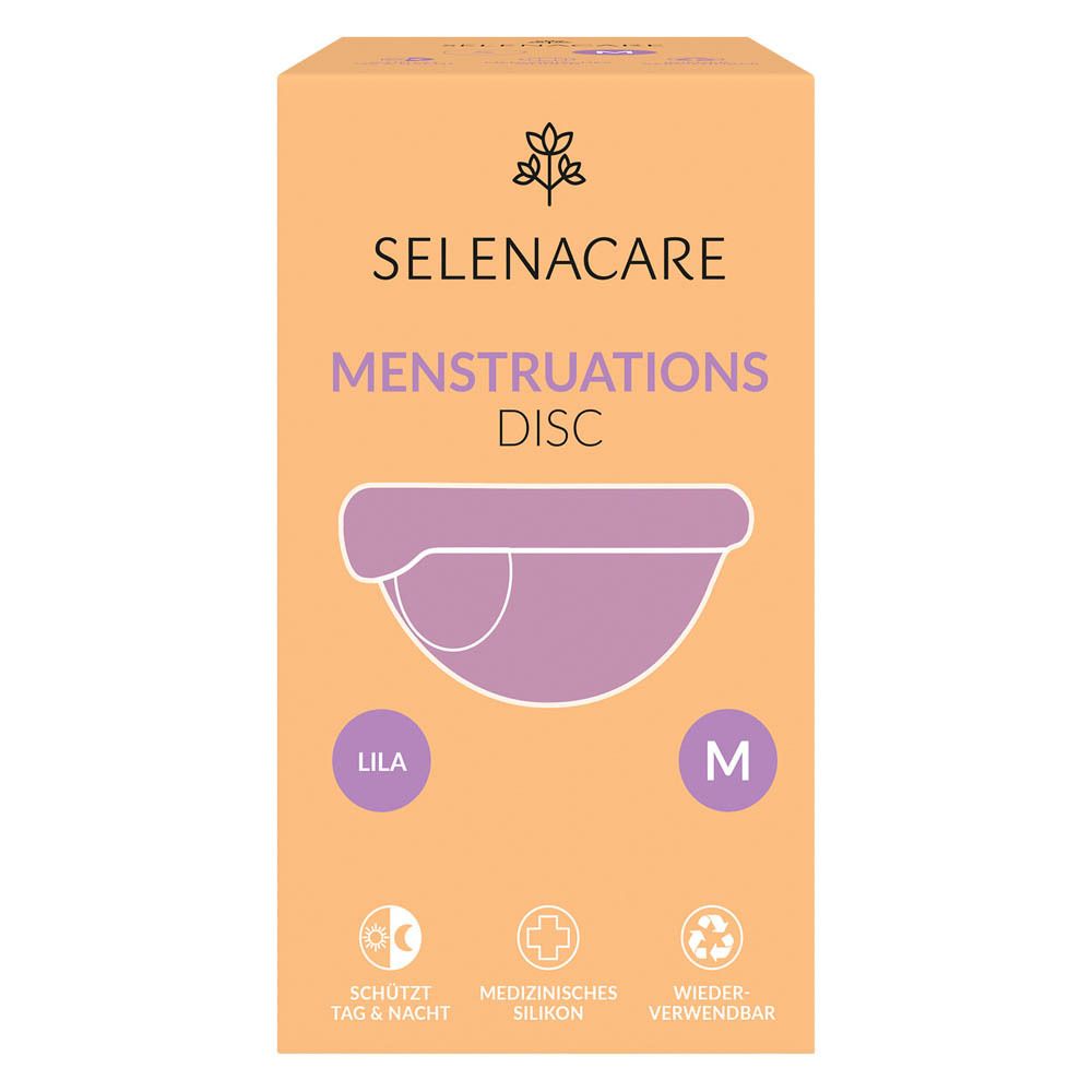 Face avant de la boîte SelenaCare Menstruations Disc. Disc lila, taille M. Inscription: Menstruations Disc, médical, réutilisable.