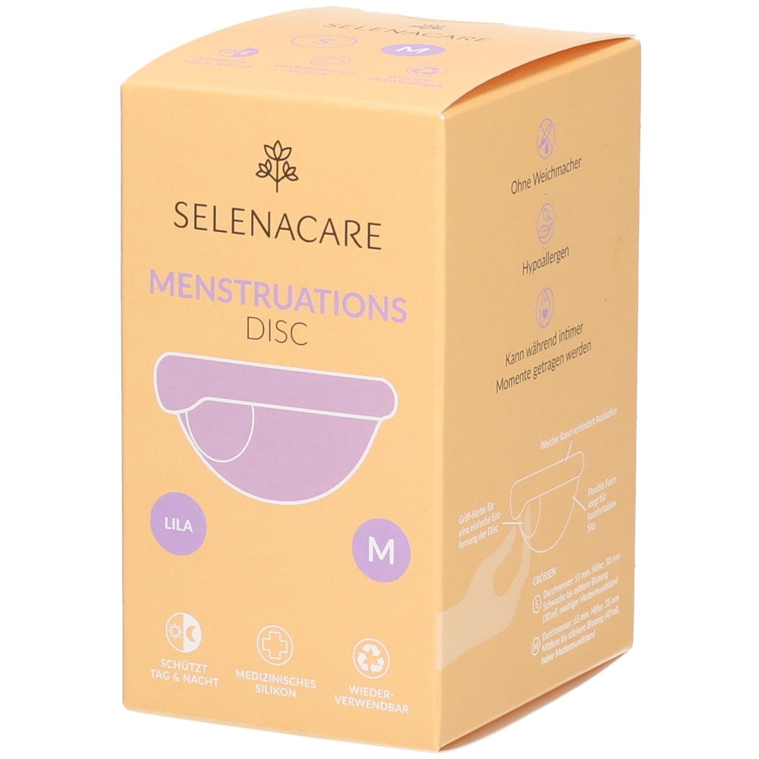 SelenaCare Menstruations Disc, lila, Größe M, in Verpackung. Aufdruck: Menstruations Disc, medizinisch, wiederverwendbar.