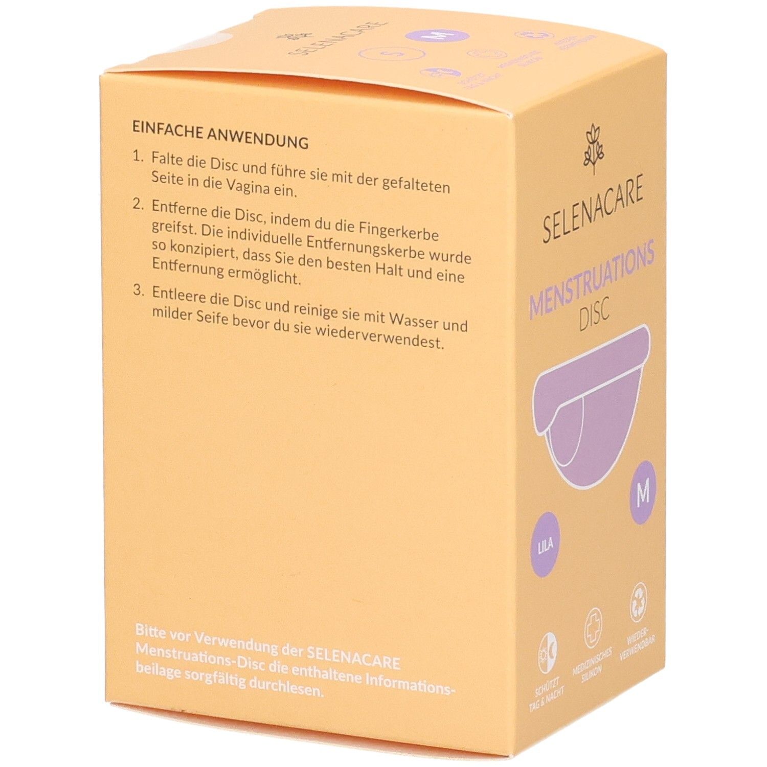 Rückseite der SelenaCare Menstruations Disc Verpackung. Text: Einfache Anwendung. Illustrationen und Text zur Anwendung.