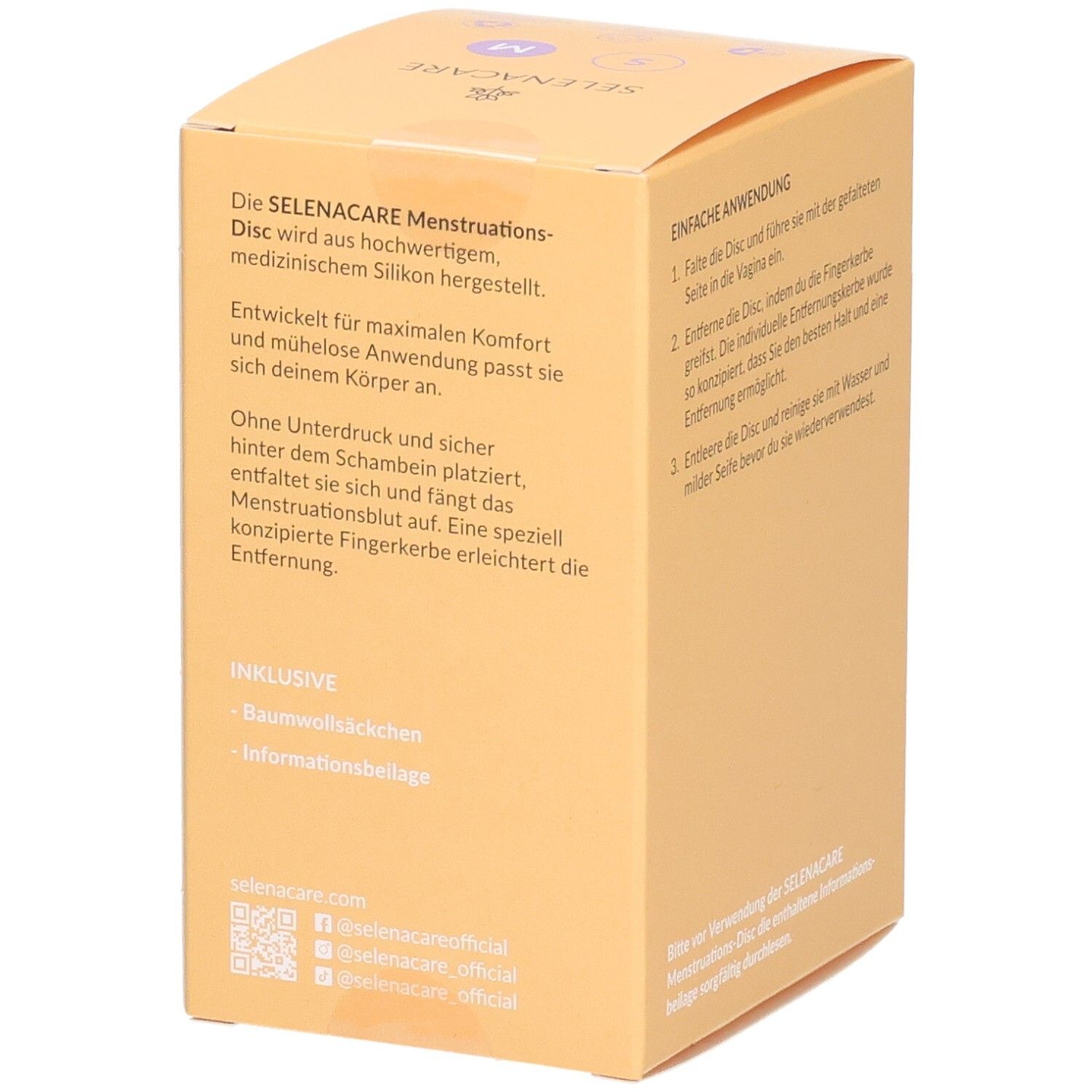 Seite der SelenaCare Menstruations Disc Verpackung. Text: Informationen zum Produkt, inklusive Baumwolltäschchen und Infoblatt.