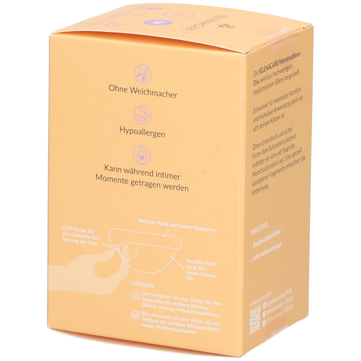 Seite der SelenaCare Menstruations Disc Verpackung. Text: Ohne Weichmacher, hypoallergen, kann während intimer Momente getragen werden.