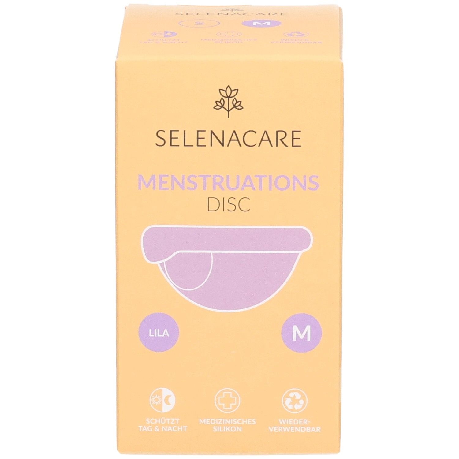 Vorderseite der SelenaCare Menstruations Disc Verpackung. Lila Disc, Größe M. Aufdruck: Menstruations Disc, medizinisch, wiederverwendbar.