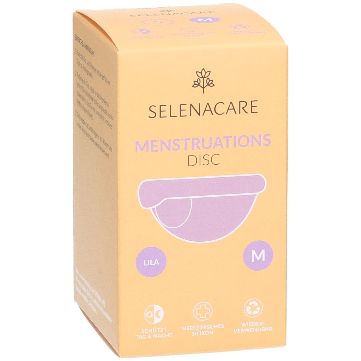Vorderseite der SelenaCare Menstruations Disc Verpackung. Lila Disc, Größe M. Aufdruck: Menstruations Disc, medizinisch, wiederverwendbar.