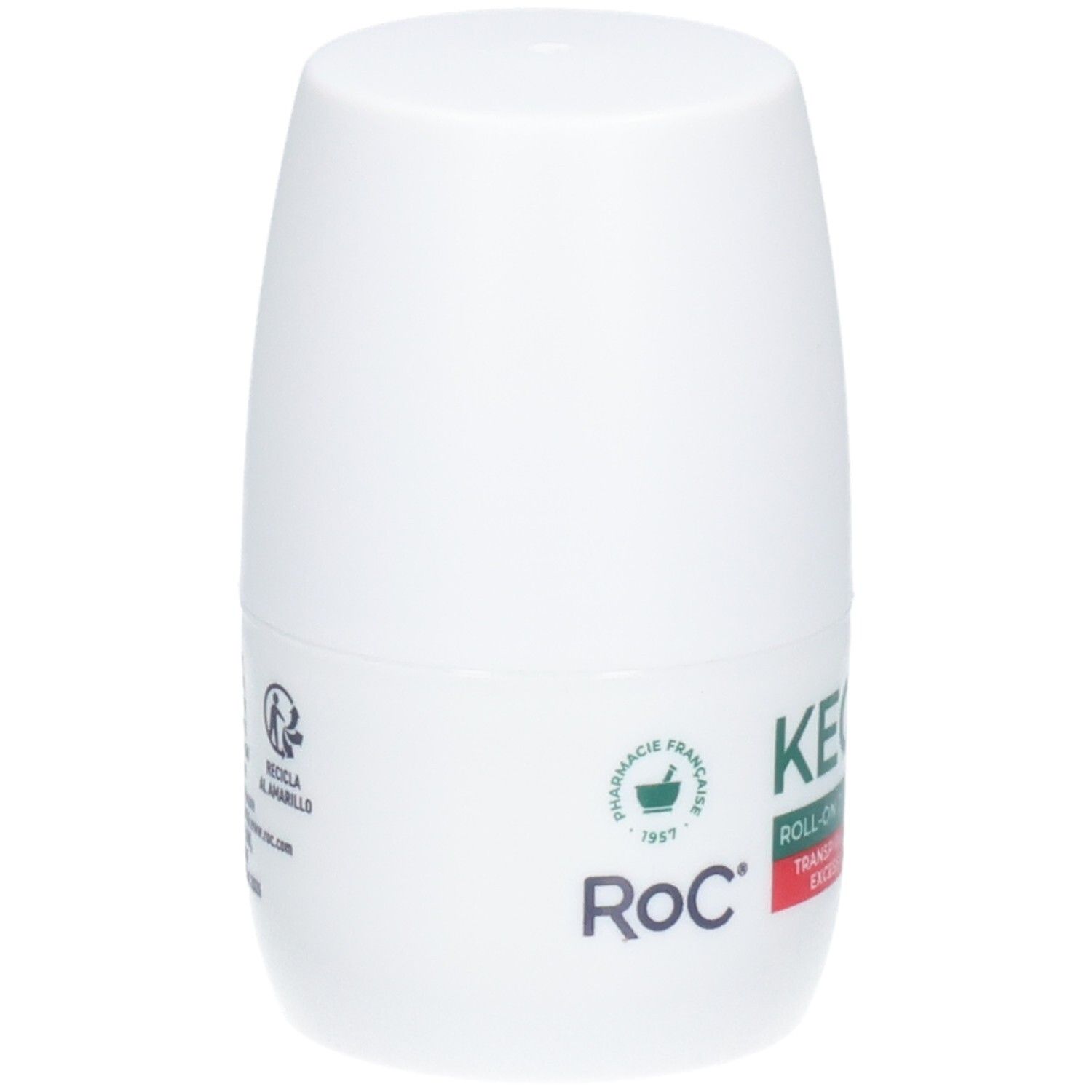 RoC Keops Roll-On Antitranspirant, weiße Flasche mit grüner und roter Beschriftung.