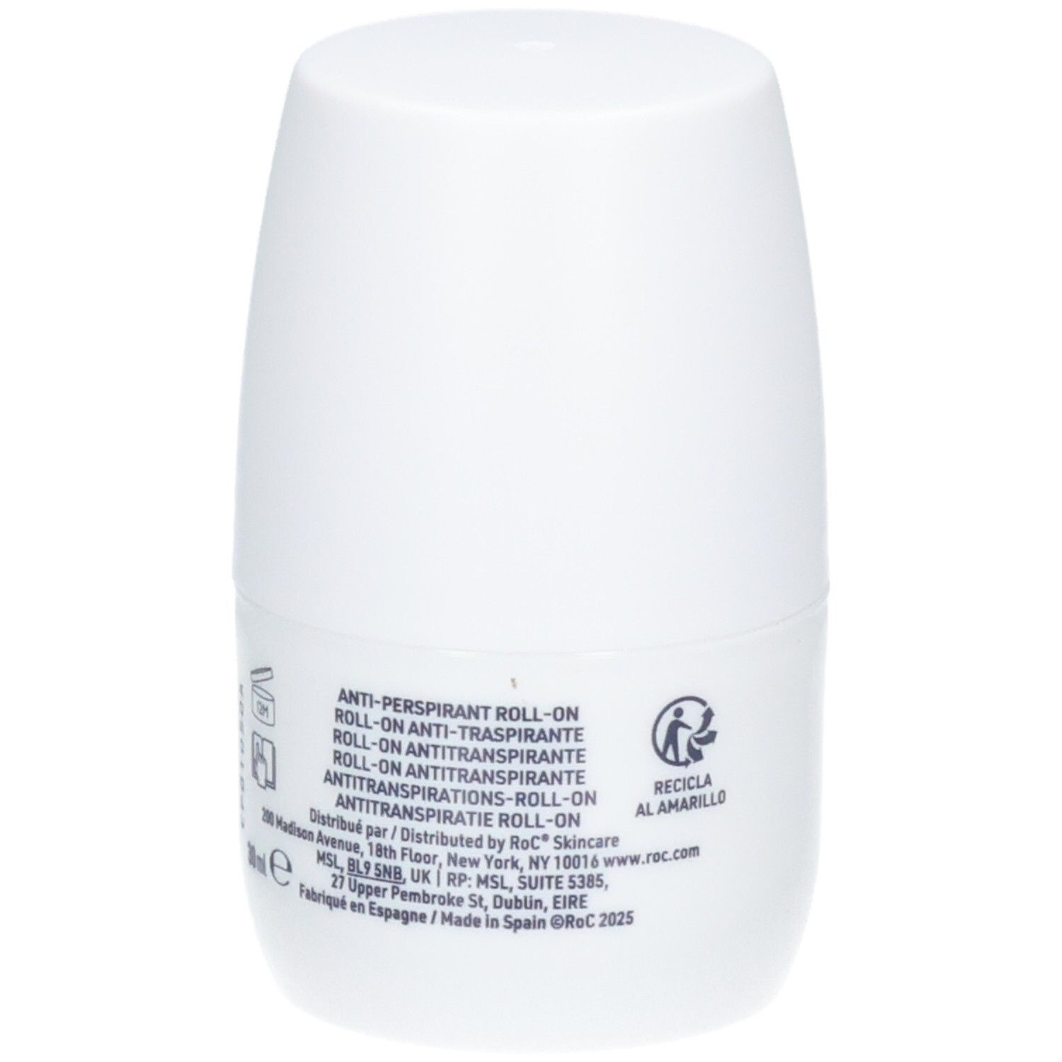 Rückseite der RoC Keops Roll-On Antitranspirant-Flasche mit Produktinformationen und Recycling-Symbolen.