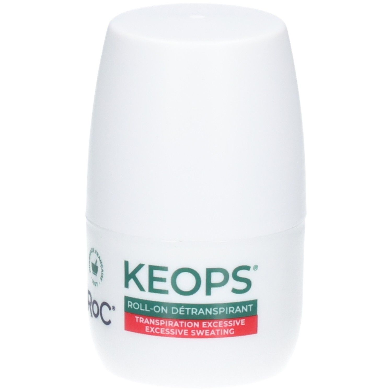 RoC Keops Roll-On Détranspirant, weiße Flasche mit grüner und roter Beschriftung.