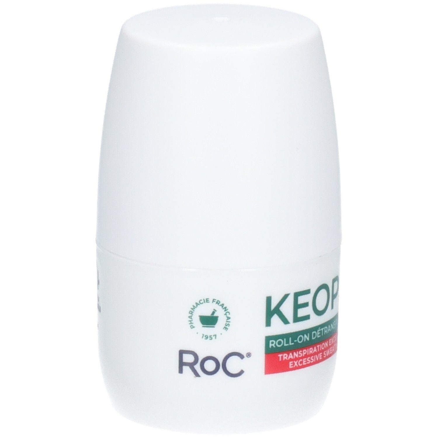 RoC Keops Roll-On Antitranspirant, weiße Flasche mit grüner und roter Beschriftung.