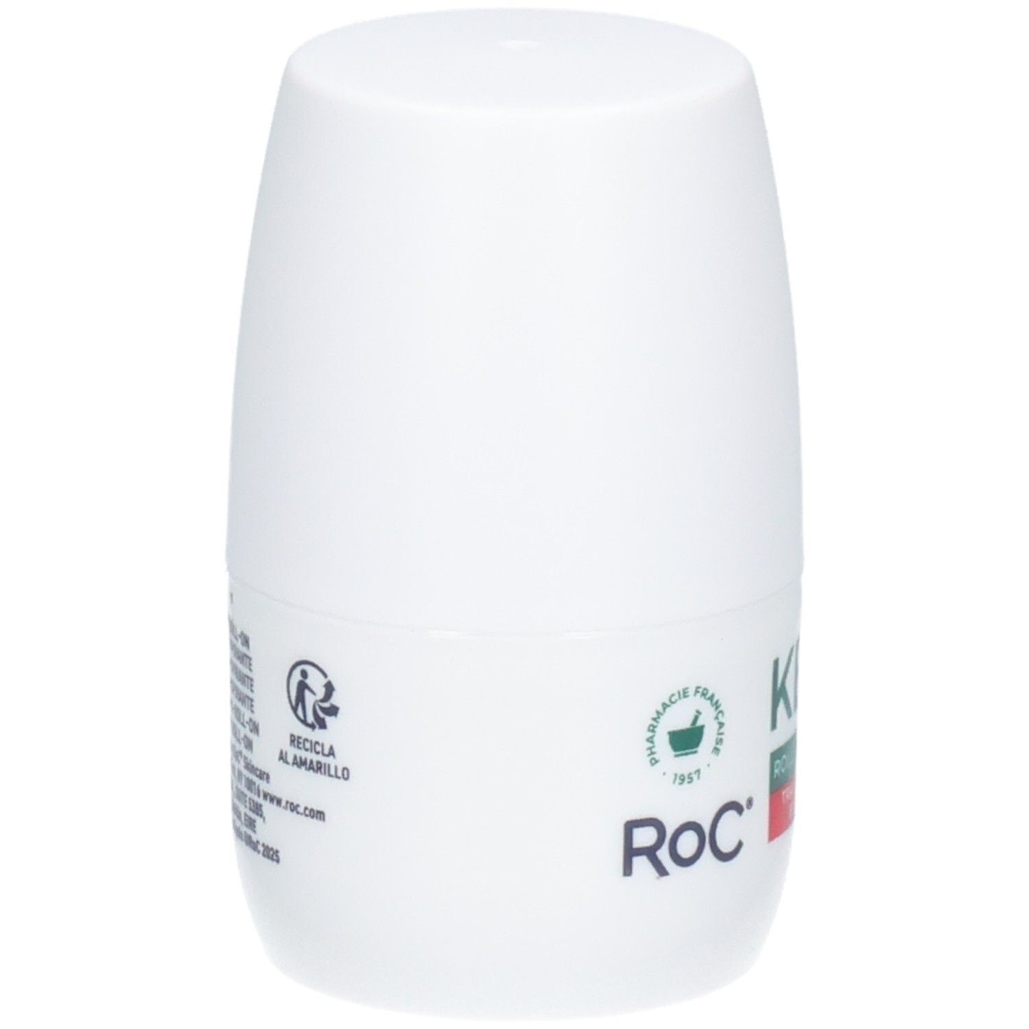 RoC Keops Roll-On Antitranspirant, weiße Flasche mit grüner und roter Beschriftung und Recycling-Symbol.
