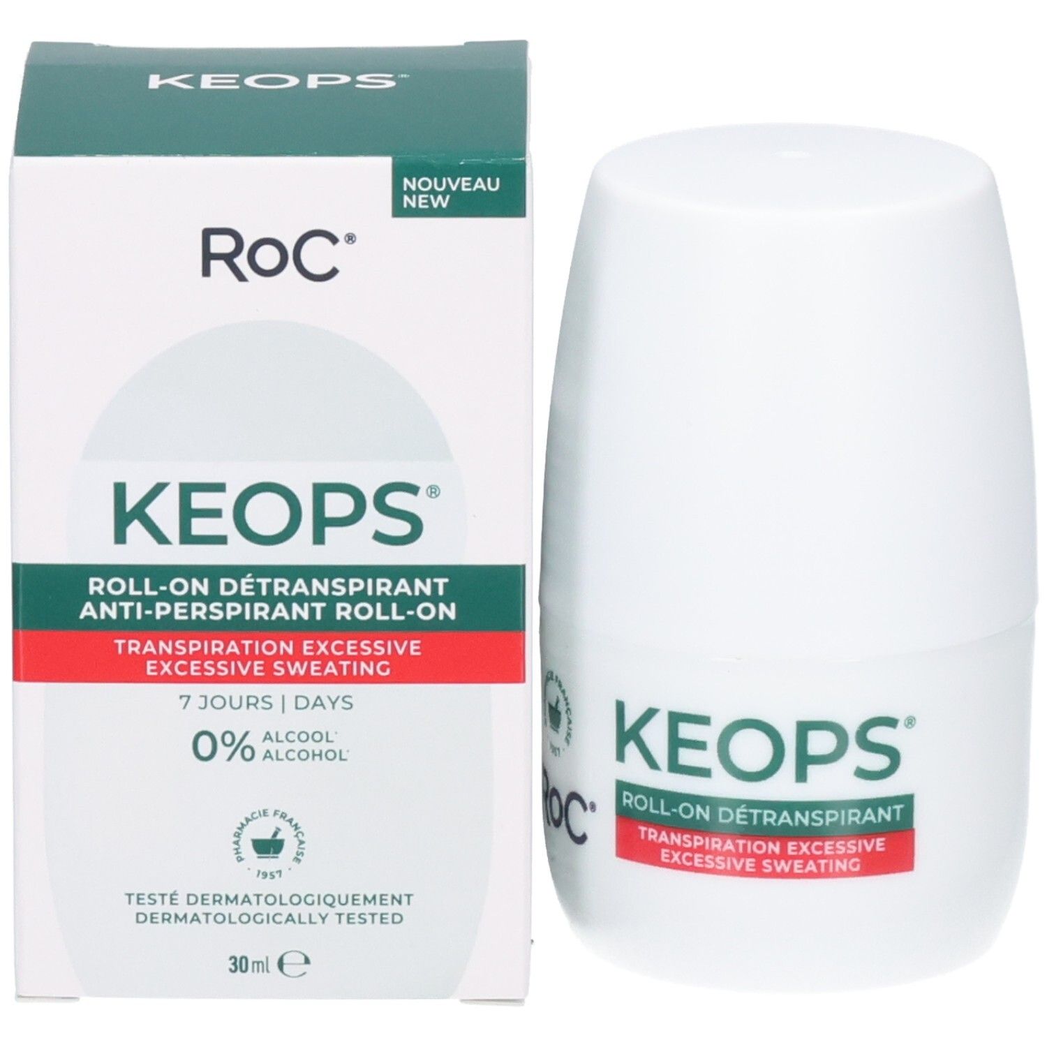 RoC Keops Roll-On Antitranspirant und Verpackung, 30ml, 0% Alkohol.