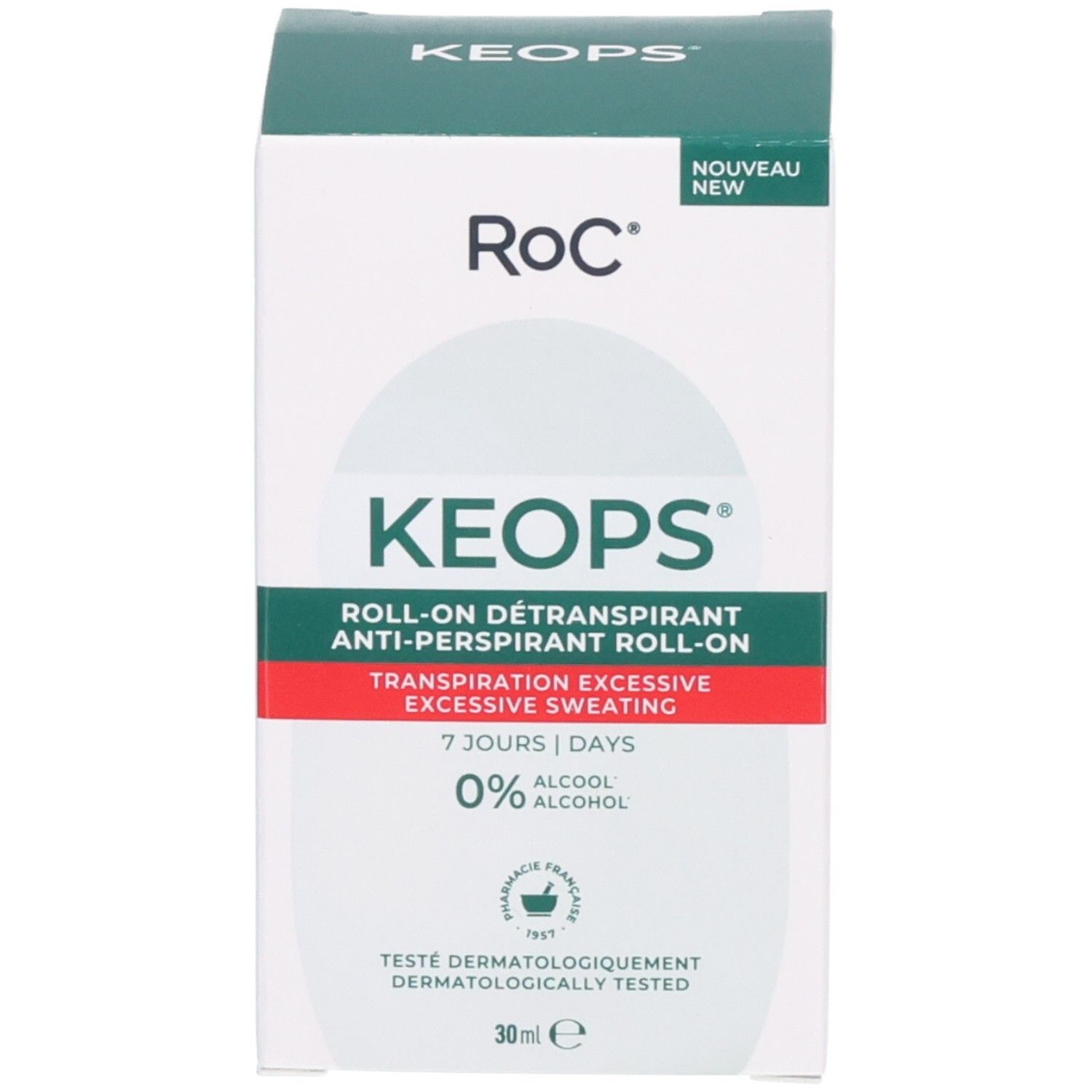 Verpackung des RoC Keops Roll-On Antitranspirant, 30ml, 0% Alkohol, dermatologisch getestet.