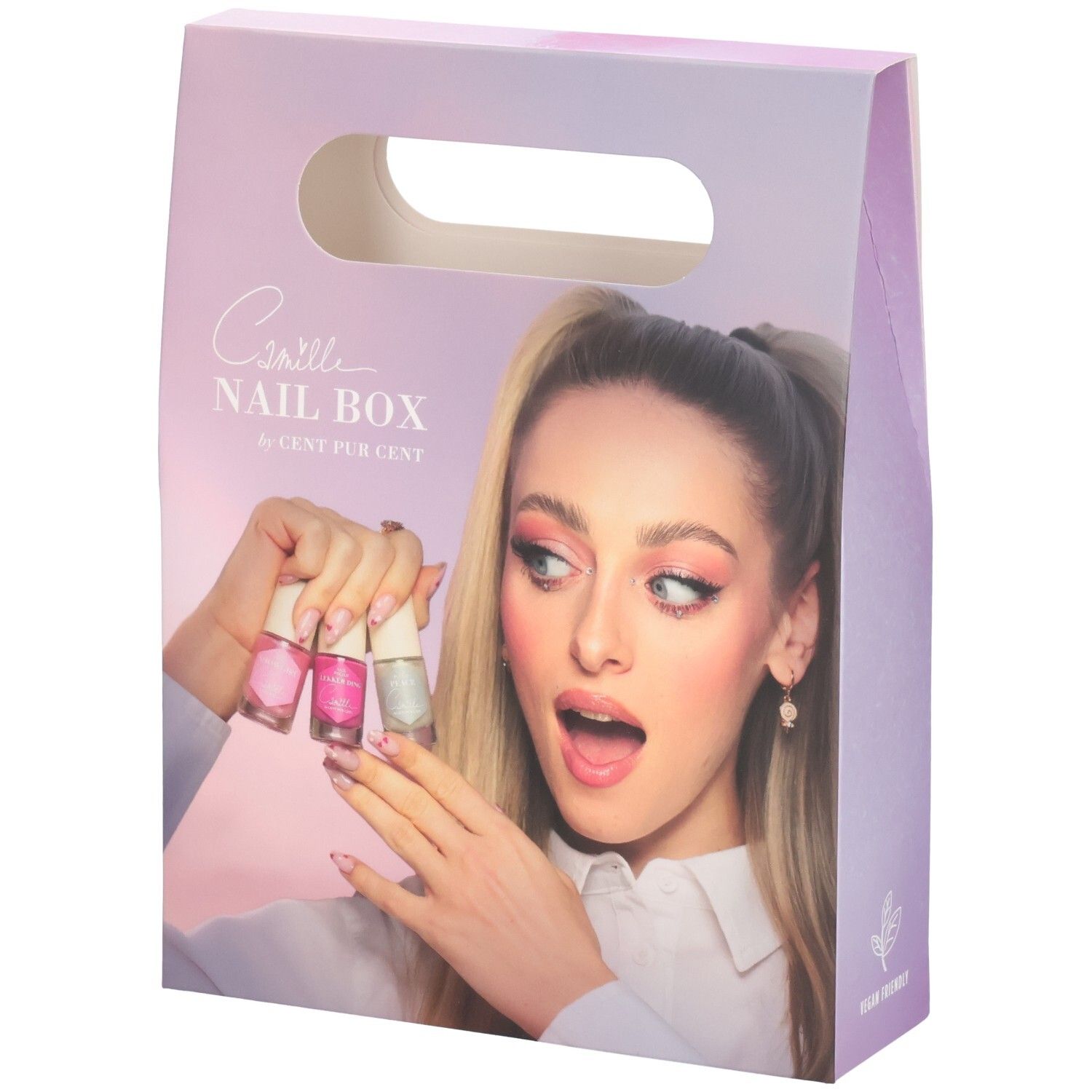Cent Pur Cent Camille Nail Box mit drei Nagellackfläschchen.