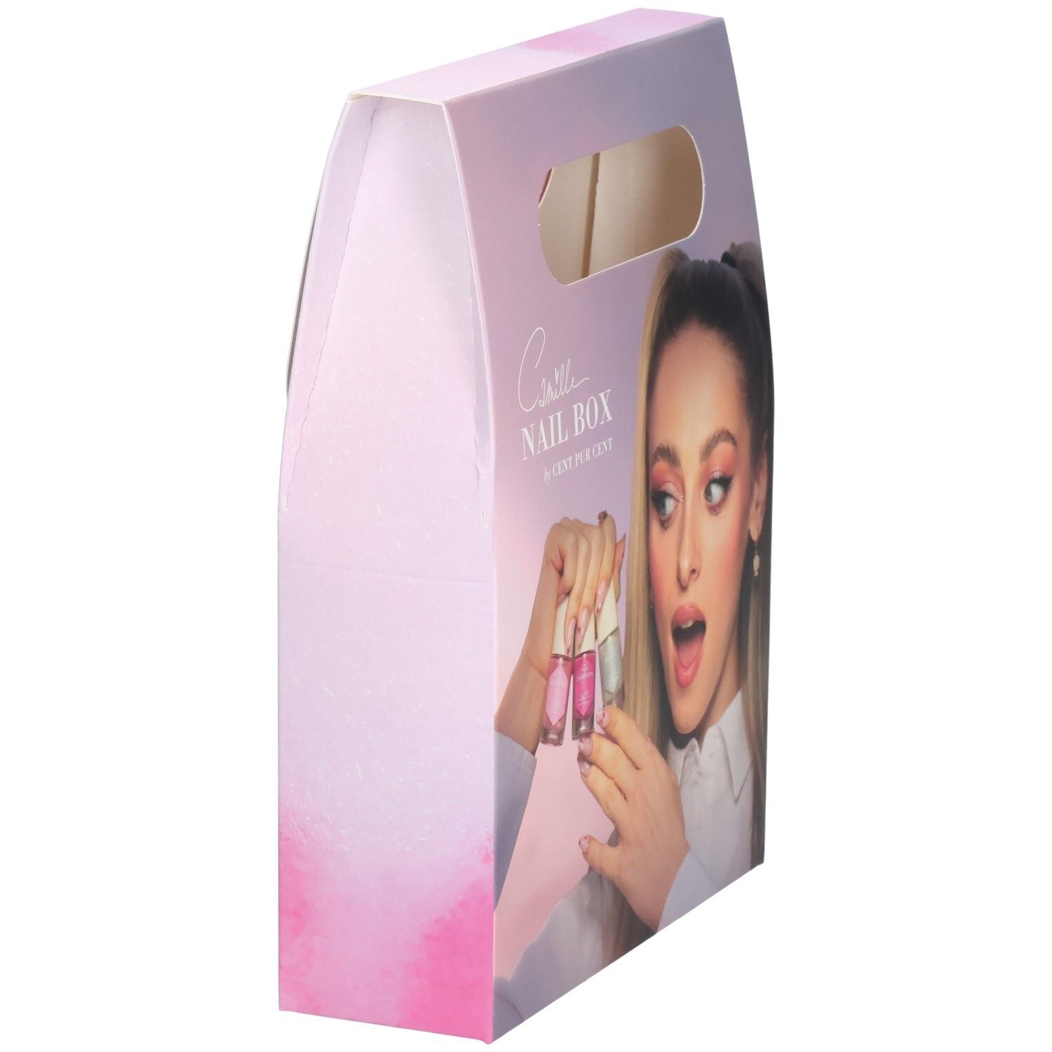 Cent Pur Cent Camille Nail Box, Seitenansicht mit drei Nagellackfläschchen.