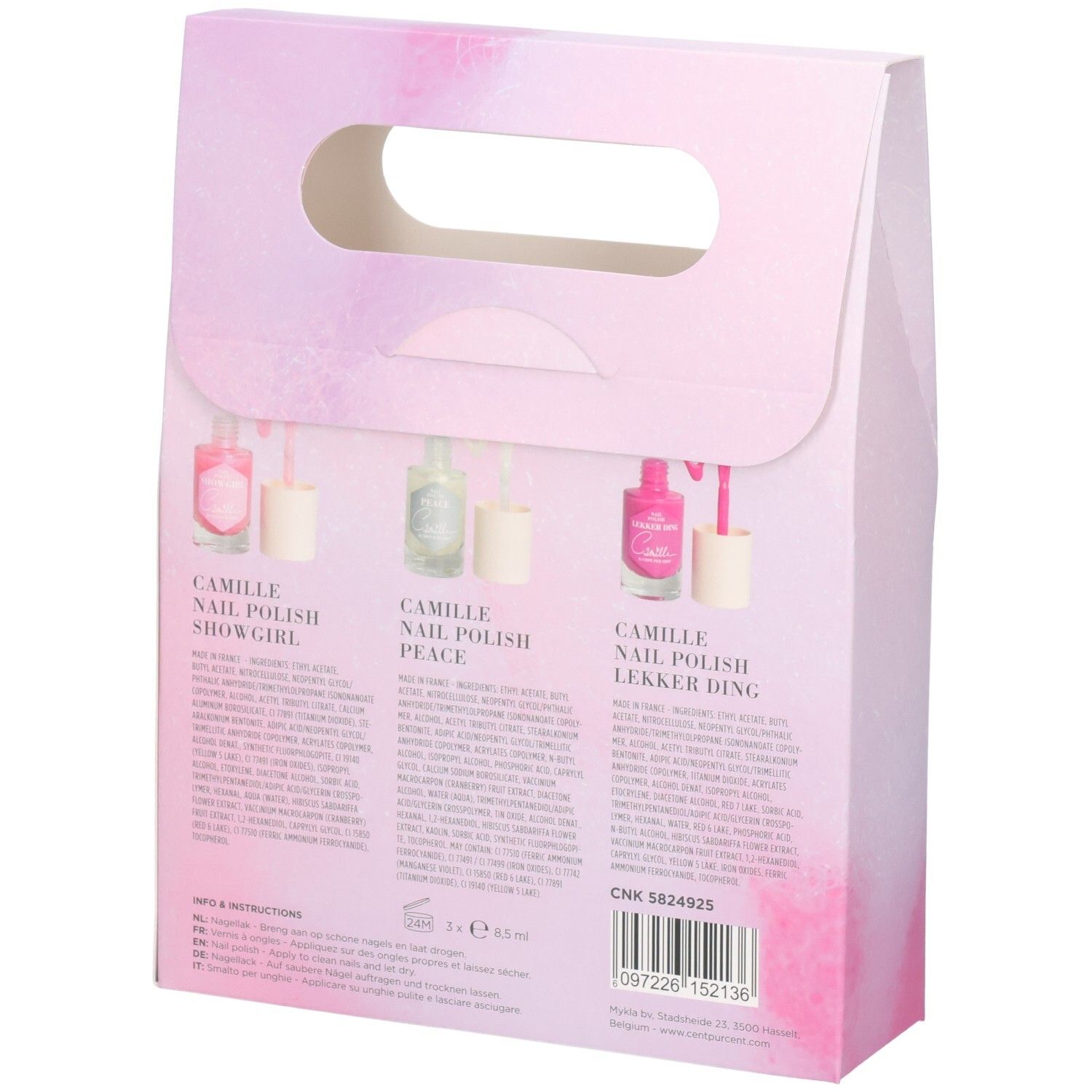 Rückseite der Cent Pur Cent Camille Nail Box mit drei Nagellackfläschchen und Beschreibungen.