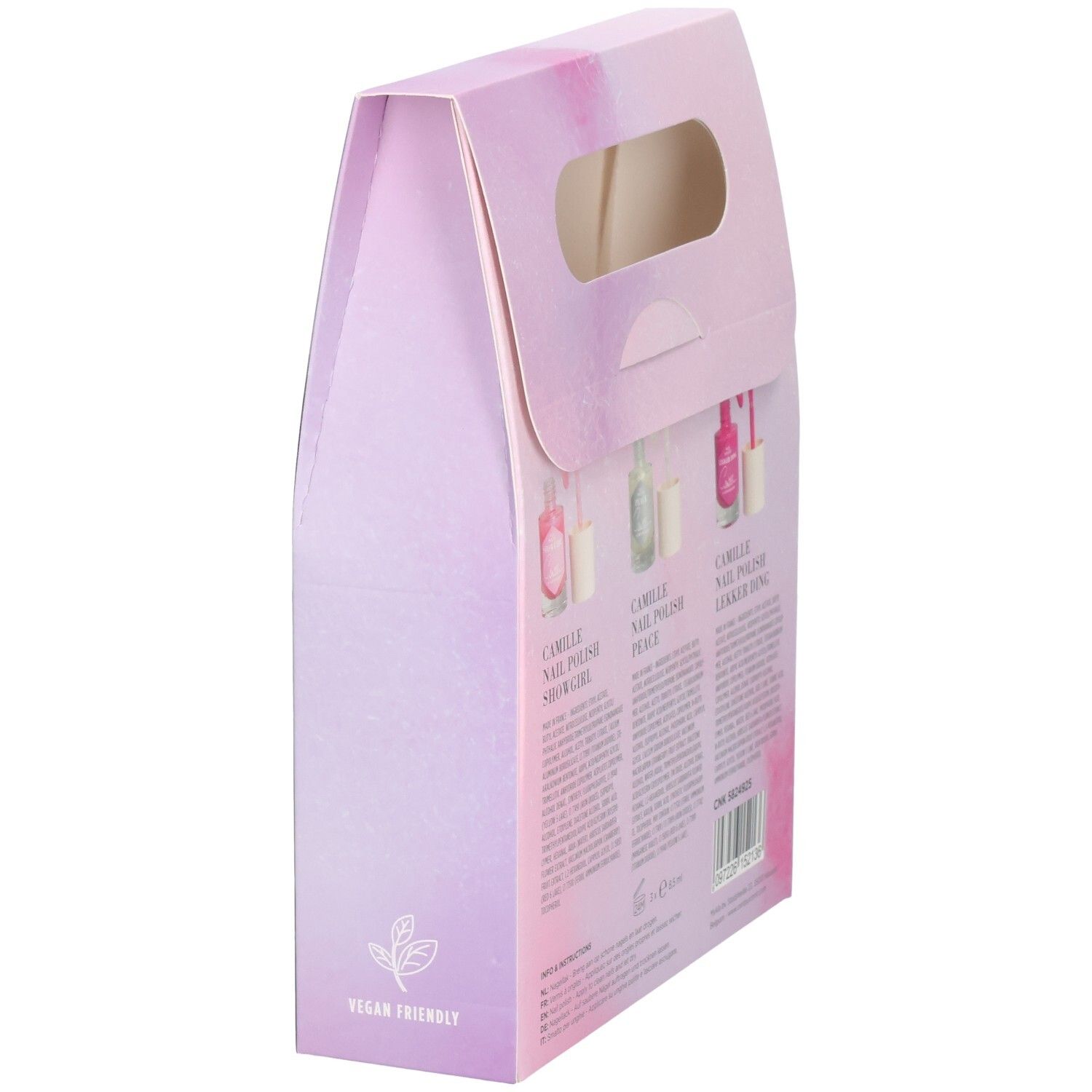 Cent Pur Cent Camille Nail Box, Seitenansicht mit drei Nagellackfläschchen und veganem Siegel.