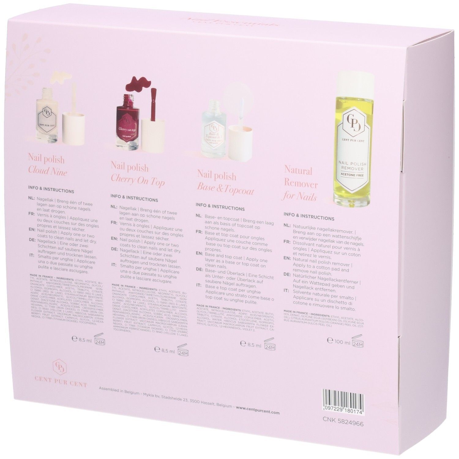 Rückseite der Cent Pur Cent Box Nail Essentials mit Produktinformationen und Anleitungen.