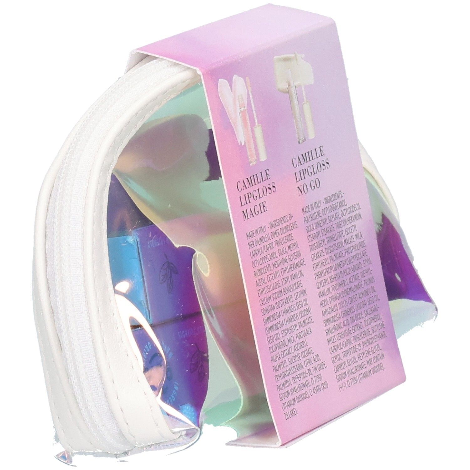 Cent Pur Cent Camille Lip Bag Kosmetiktasche, Rückseite mit Produktinformationen.