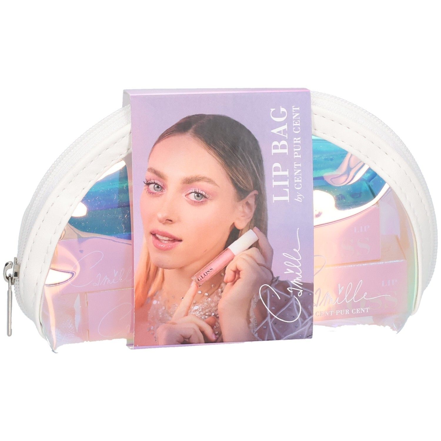 Cent Pur Cent Camille Lip Bag Kosmetiktasche mit zwei Lippenprodukten, vorne.
