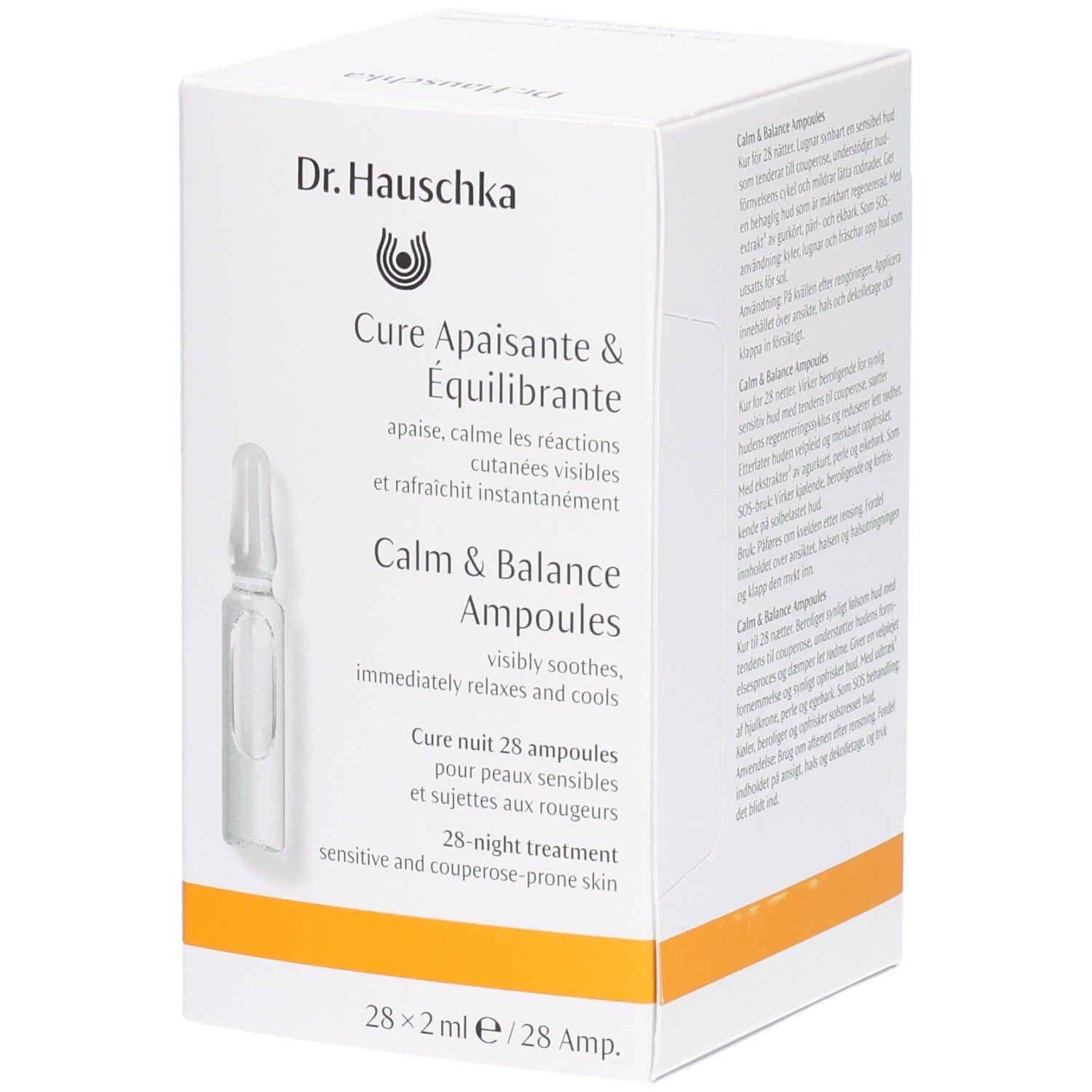 Dr. Hauschka Calm & Balance Ampullen Kur für 28 Nächte, 28x2ml. Kartonverpackung mit Ampulle.