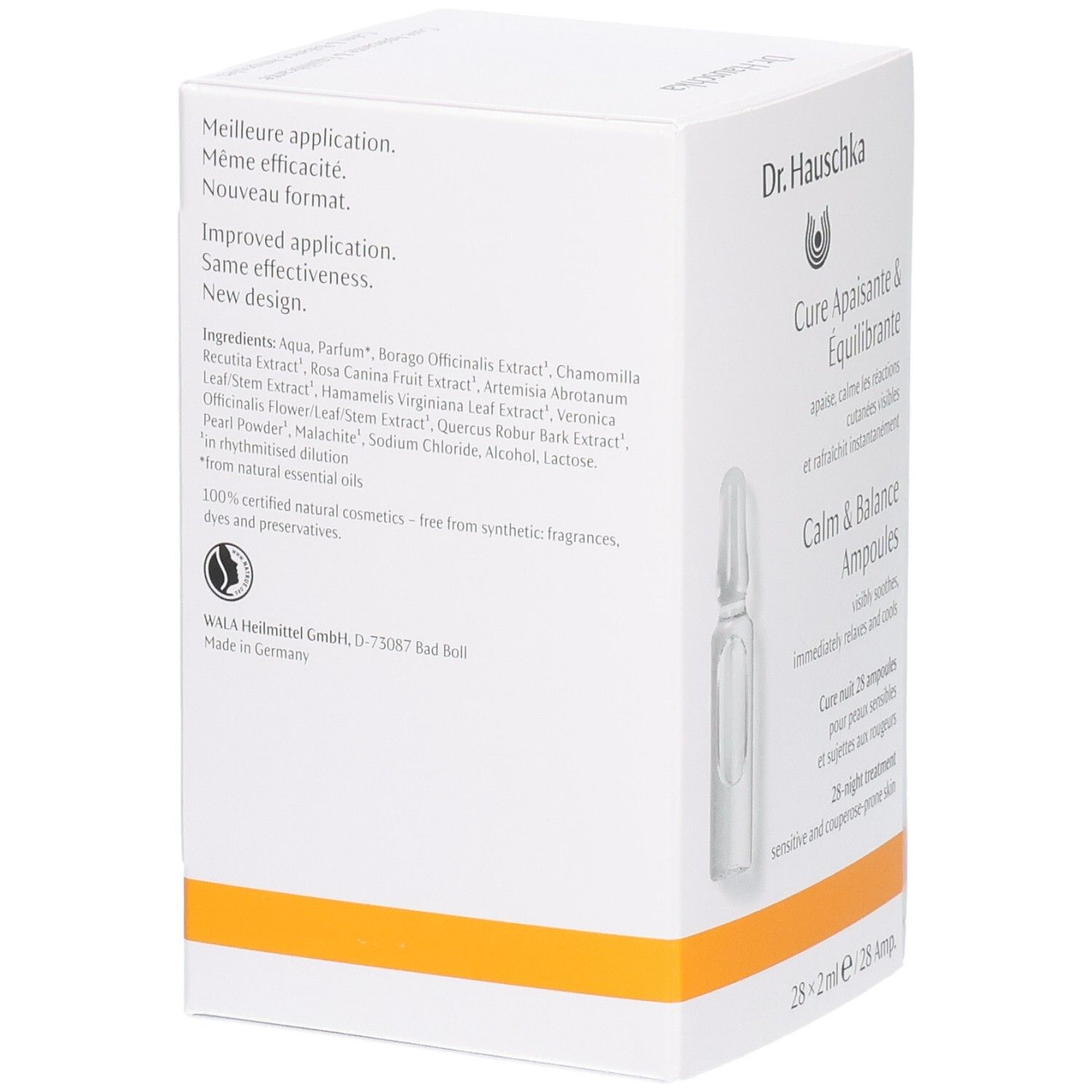 Rückseite der Dr. Hauschka Calm & Balance Ampullen Kur Verpackung mit Inhaltsstoffen und Zertifizierungen.