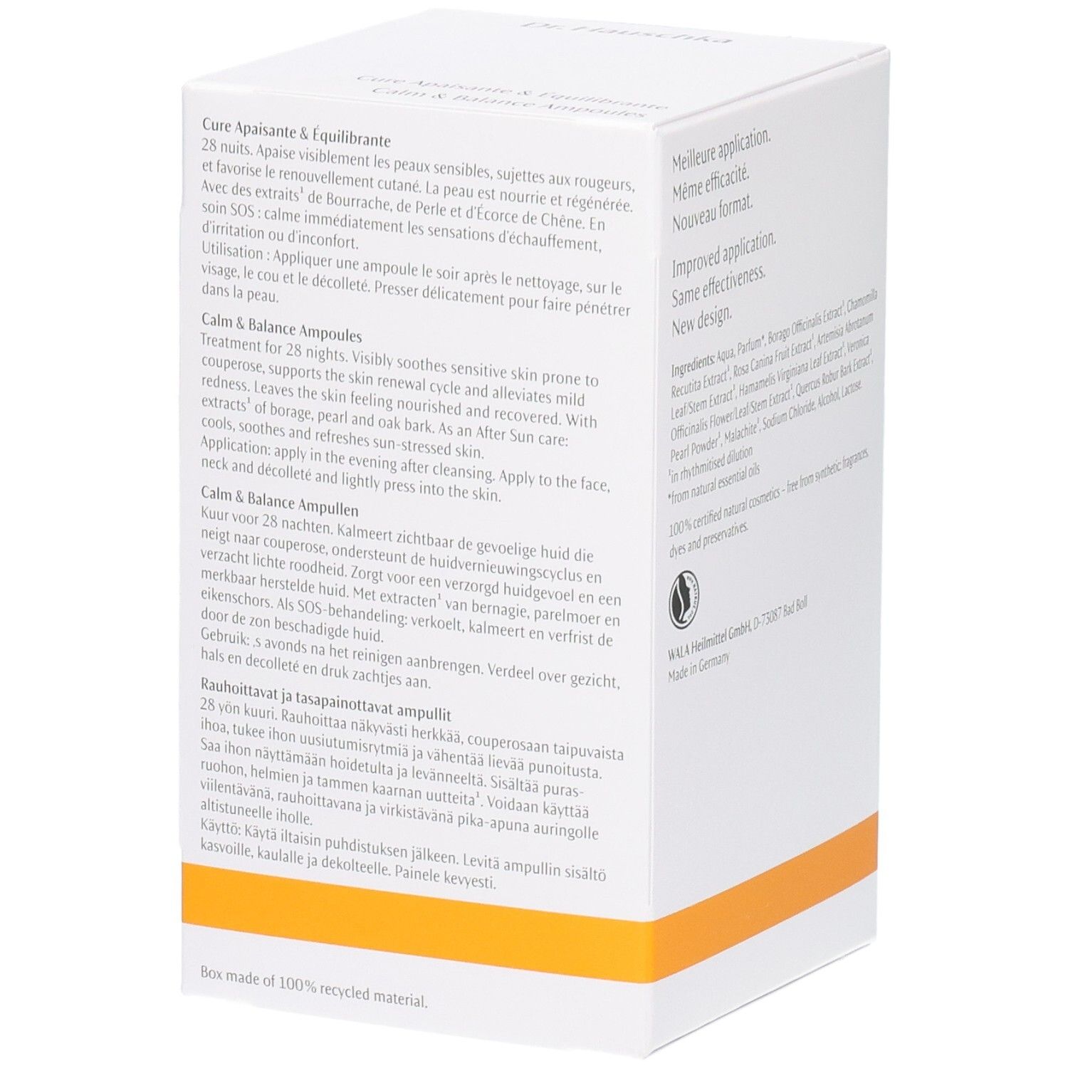 Seitenansicht der Dr. Hauschka Calm & Balance Ampullen Kur Verpackung mit mehrsprachigen Produktinformationen.