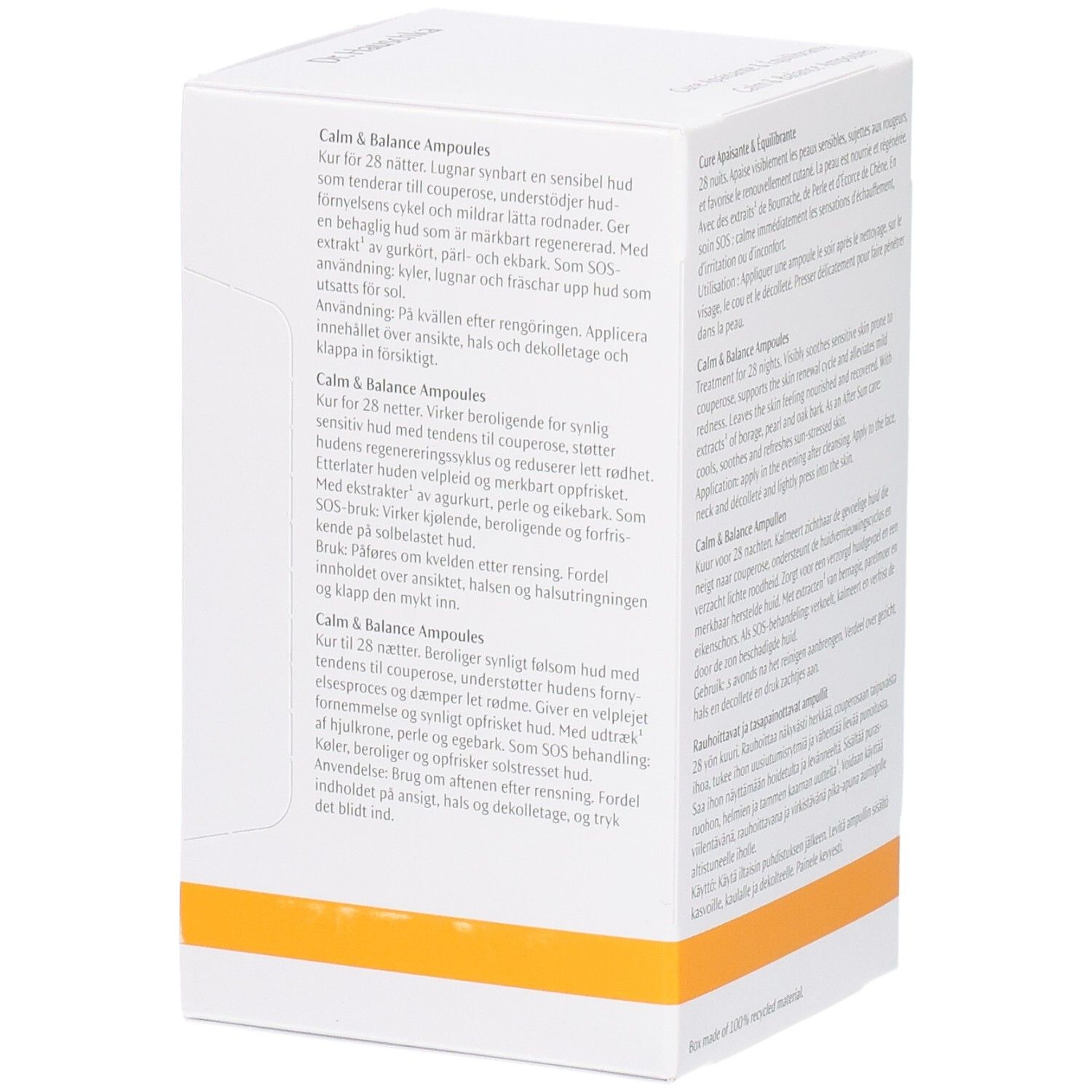 Seitenansicht der Dr. Hauschka Calm & Balance Ampullen Kur Verpackung mit mehrsprachigen Produktinformationen.