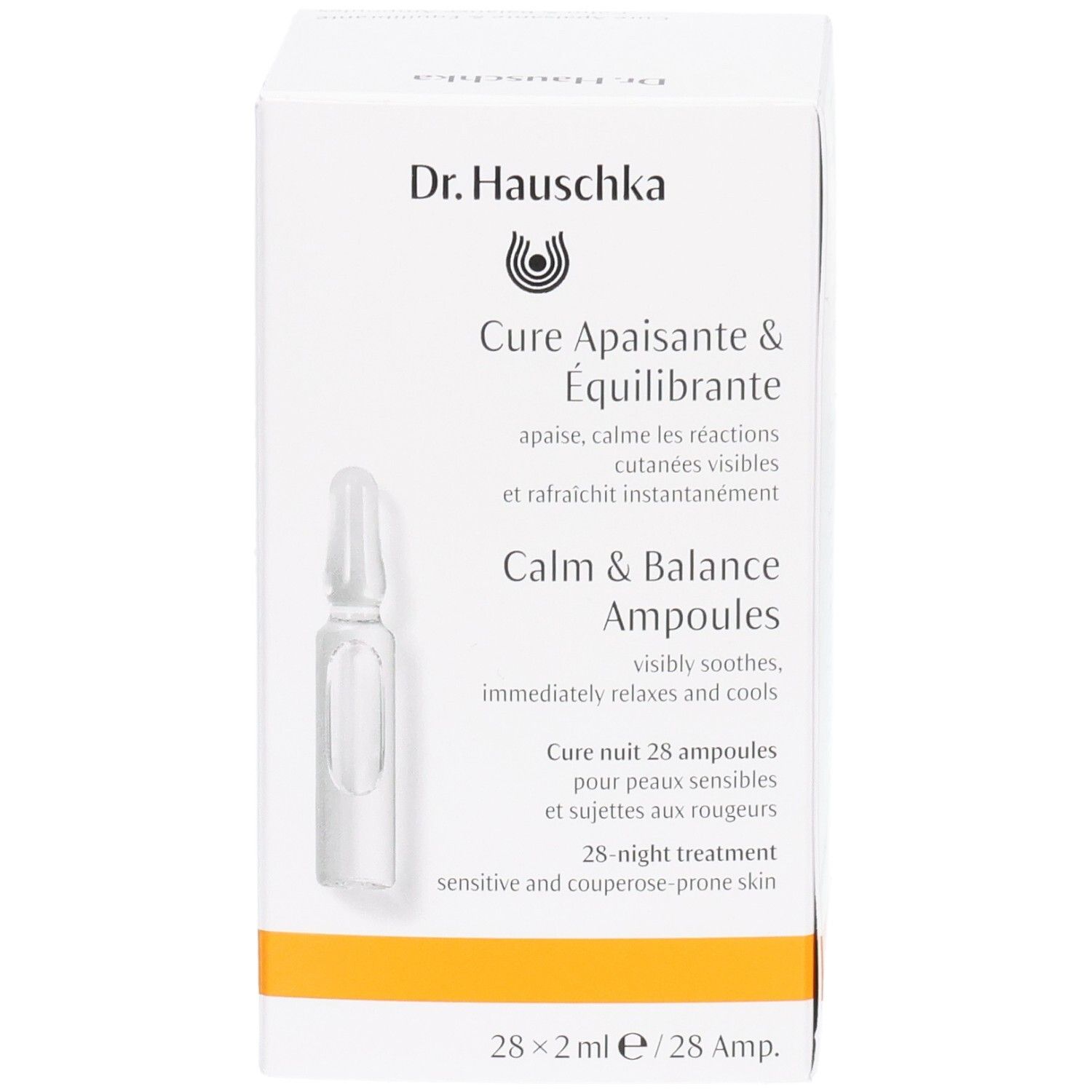 Dr. Hauschka Calm & Balance Ampullen Kur für 28 Nächte, 28x2ml. Kartonverpackung mit Ampulle.