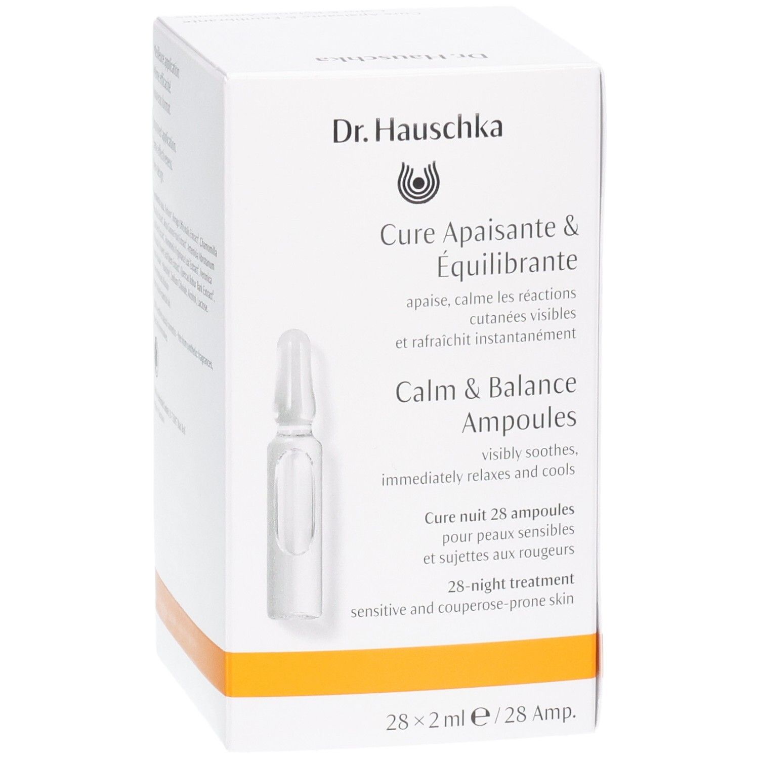 Dr. Hauschka Calm & Balance Ampullen Kur für 28 Nächte, 28x2ml. Kartonverpackung mit Ampulle.
