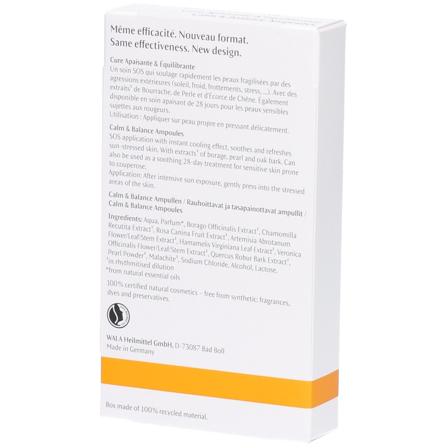 Rückseite der Dr. Hauschka Calm & Balance Ampullen Packung mit Inhaltsstoffen. 7x2ml.