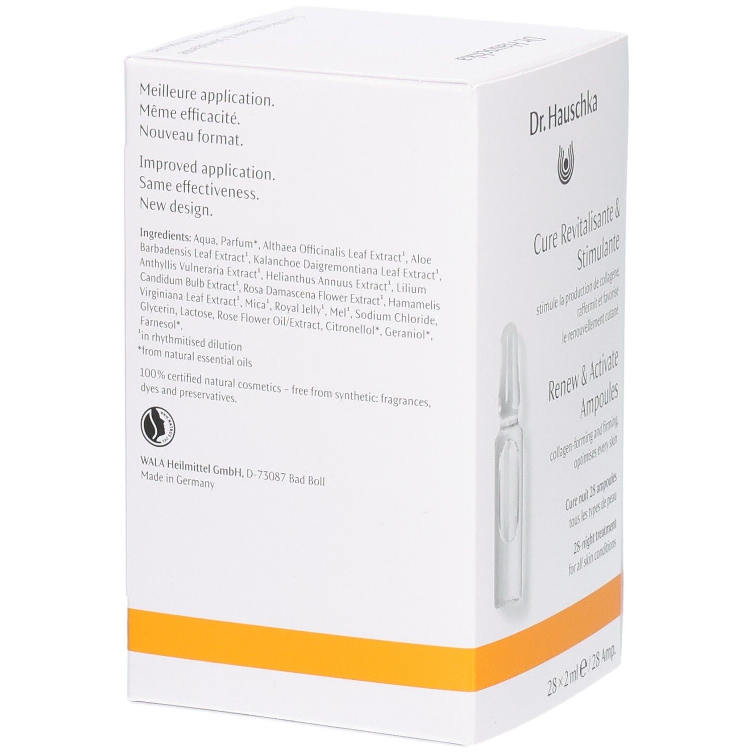 Dr. Hauschka Renew & Activate Ampullen: Rückseite mit Inhaltsstoffen und Zertifizierungen. 28x2ml.