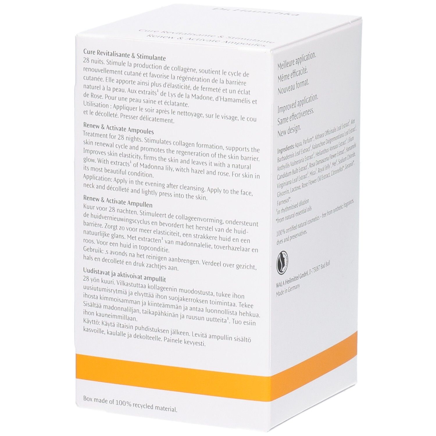 Dr. Hauschka Renew & Activate Ampullen: Seitenansicht mit Anwendungshinweisen und Inhaltsstoffen. 28 Ampullen.