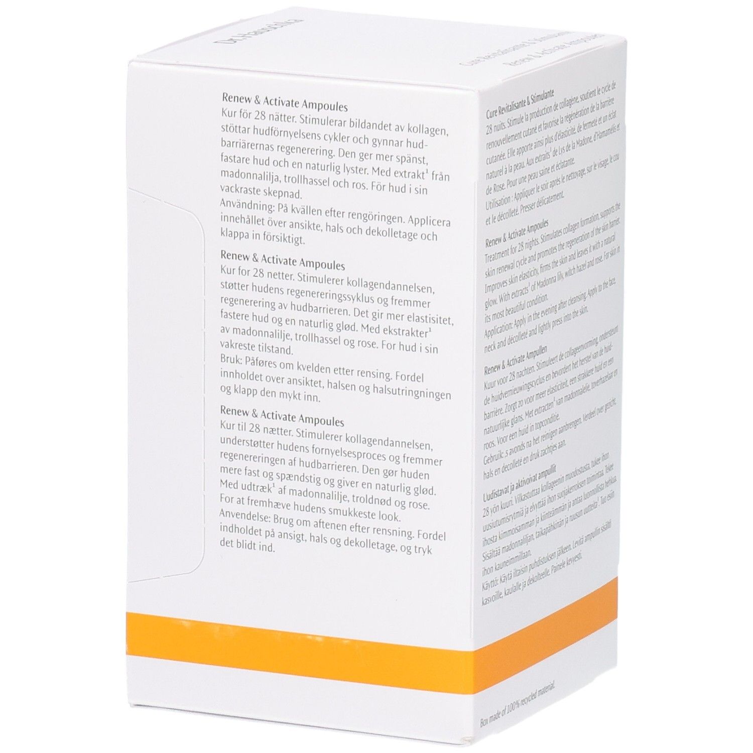 Dr. Hauschka Renew & Activate Ampullen: Seitenansicht mit Anwendungsbeschreibung in mehreren Sprachen. 28 Ampullen.