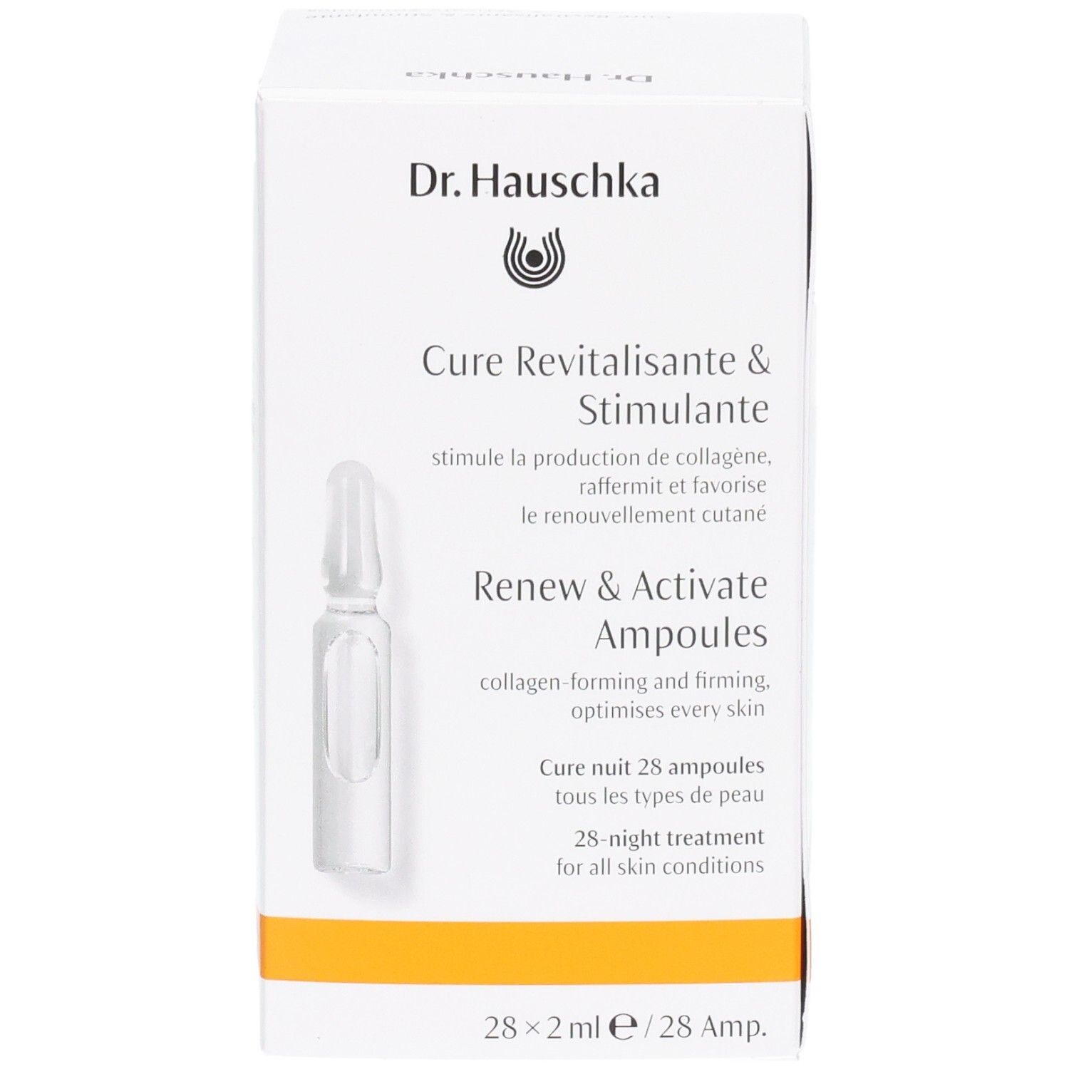 Dr. Hauschka Renew & Activate Ampullen: Vorderseite mit Produktabbildung und Beschreibung. 28 Ampullen.