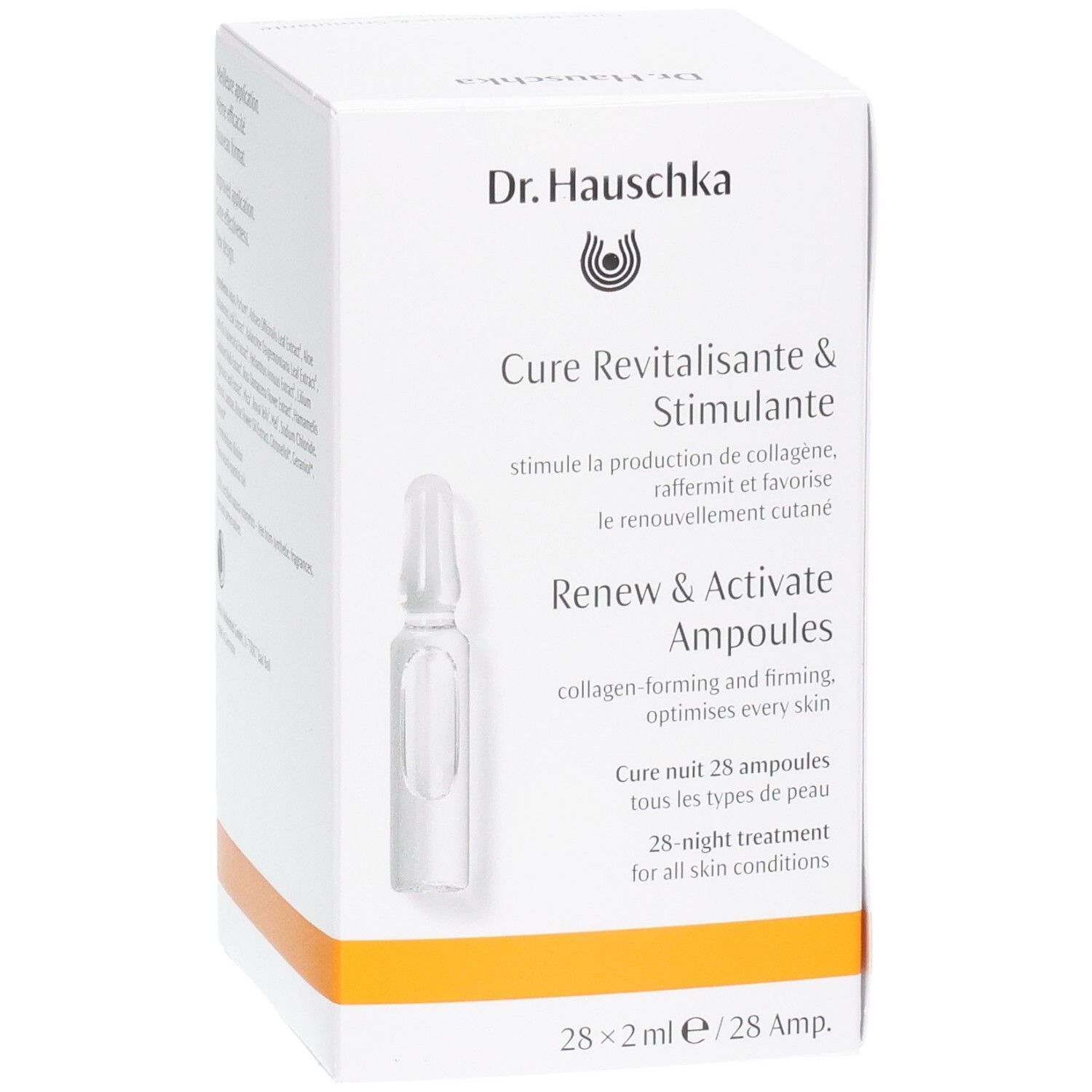 Dr. Hauschka Renew & Activate Ampullen: Vorderansicht der Verpackung mit Ampulle und Produktinformationen.