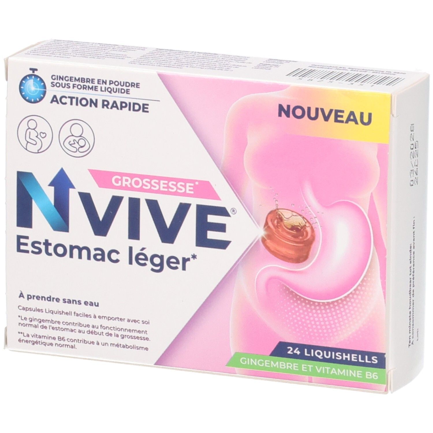 NVIVE Estomac léger: Packung mit 24 Liquishells für Schwangere. Mit Ingwer und Vitamin B6.