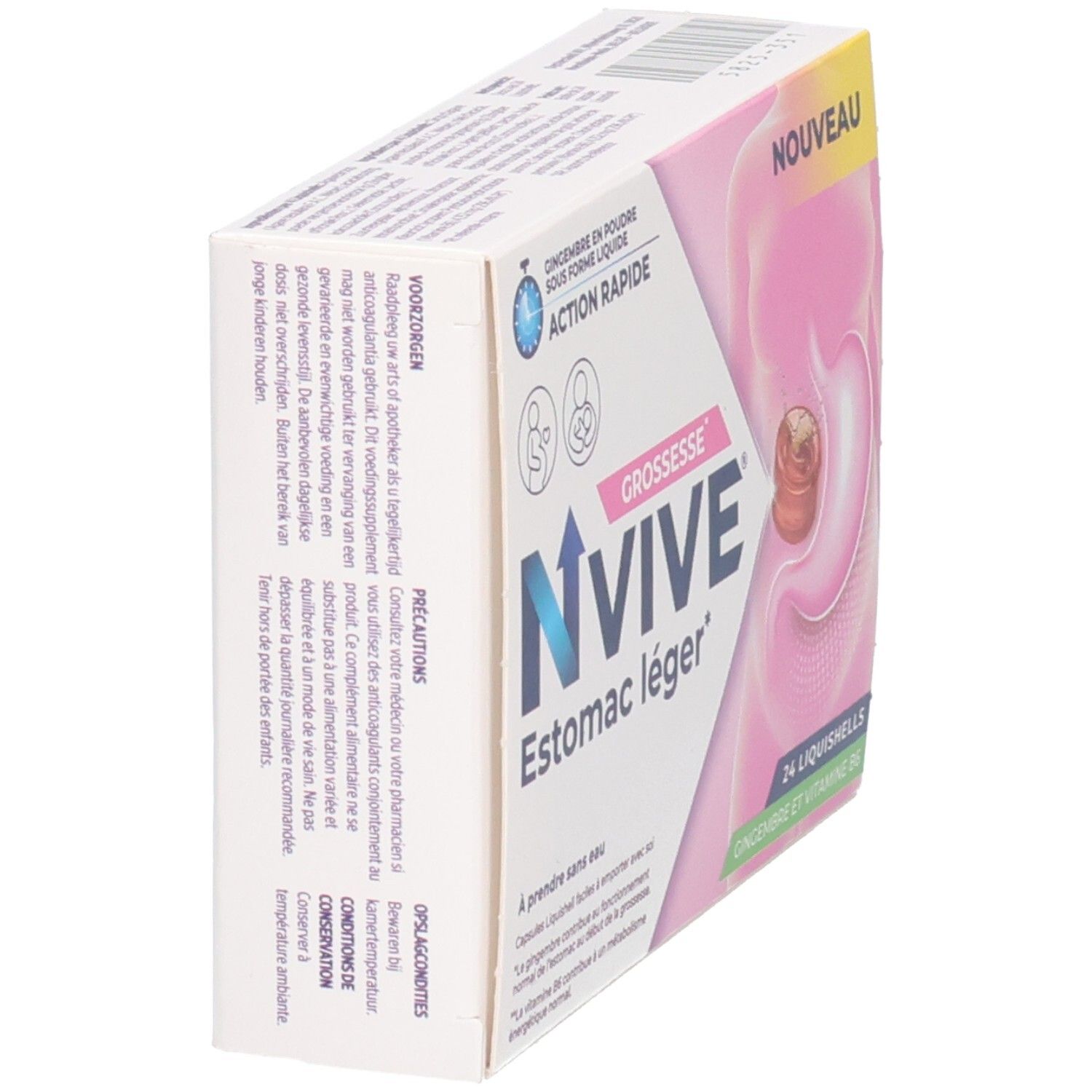 NVIVE Estomac léger: Seitenansicht der Packung mit 24 Liquishells für Schwangere. Mit Ingwer und Vitamin B6.