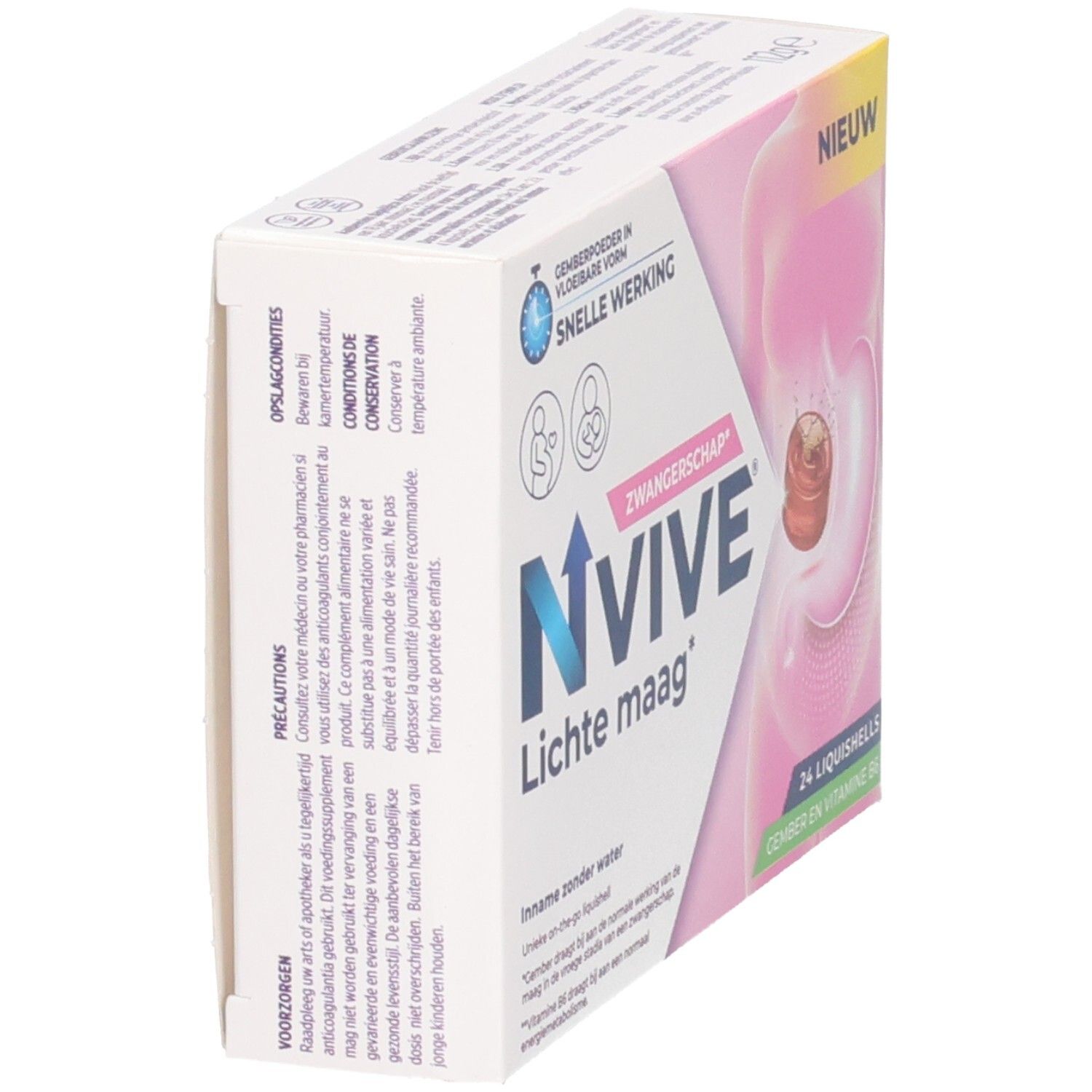 NVIVE Leichte Mag: Seitenansicht der Packung mit 24 Liquishells für Schwangere. Mit Ingwer und Vitamin B6.