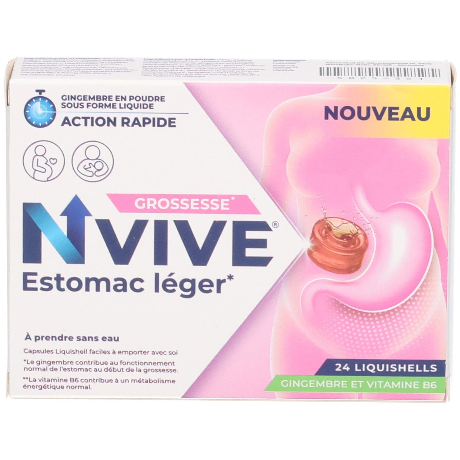 NVIVE Estomac léger: Packung mit 24 Liquishells für Schwangere. Mit Ingwer und Vitamin B6.