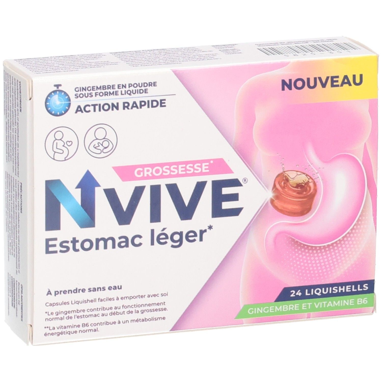 NVIVE Estomac léger: Packung mit 24 Liquishells für Schwangere. Mit Ingwer und Vitamin B6.