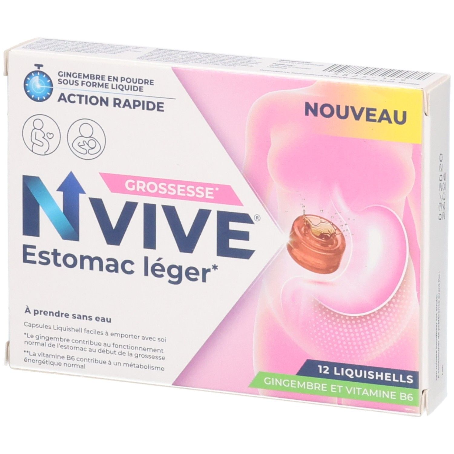 NVIVE Estomac léger: Packung mit 12 Liquishells für Schwangere, Ingwer und Vitamin B6.