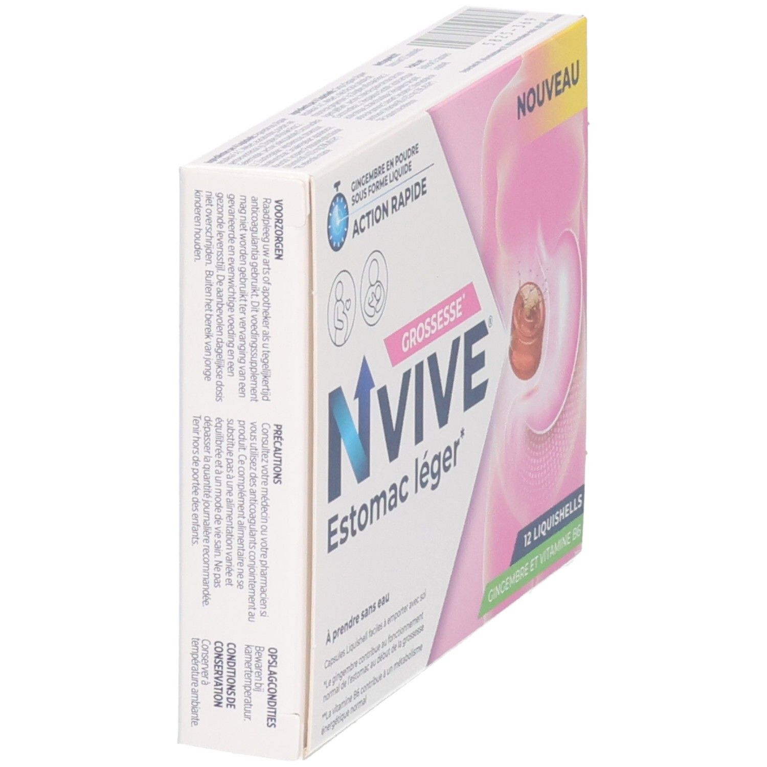 NVIVE Estomac léger: Seitenansicht der Packung mit 12 Liquishells für Schwangere, Ingwer und Vitamin B6.
