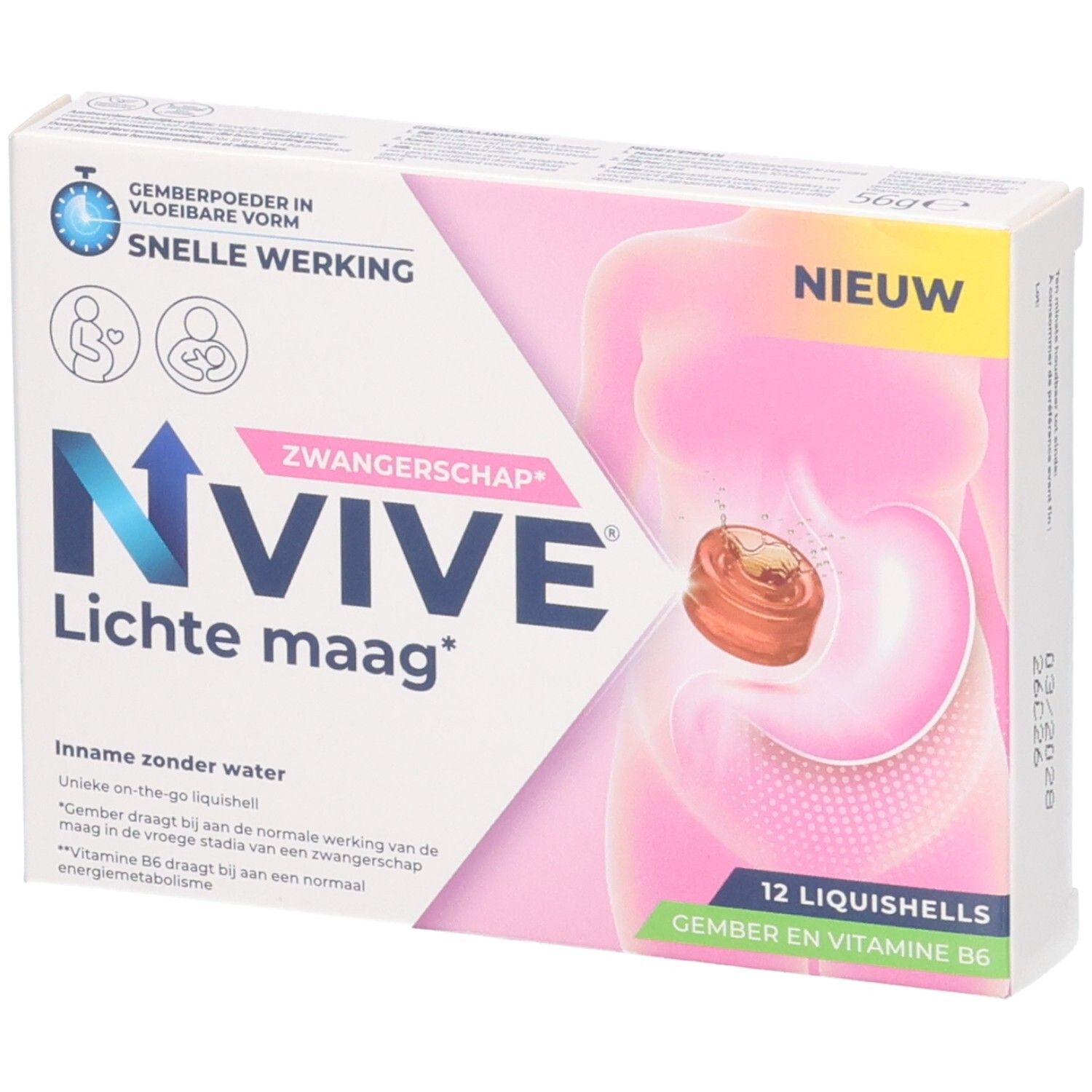 NVIVE Lichte maag: Packung mit 12 Liquishells für Schwangere, Ingwer und Vitamin B6.