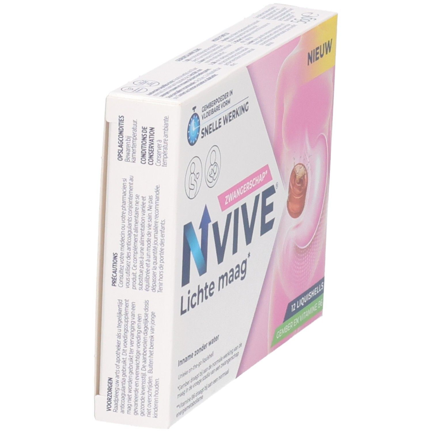 NVIVE Lichte maag: Seitenansicht der Packung mit 12 Liquishells für Schwangere, Ingwer und Vitamin B6.