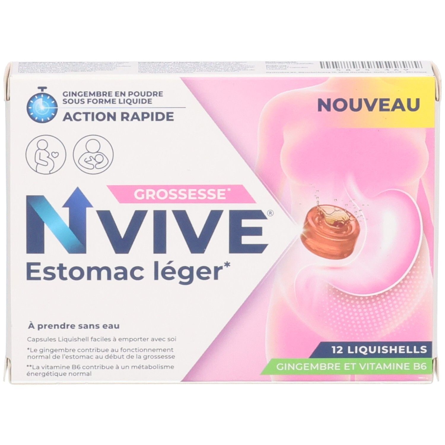 NVIVE Estomac léger: Packung mit 12 Liquishells für Schwangere, Ingwer und Vitamin B6.