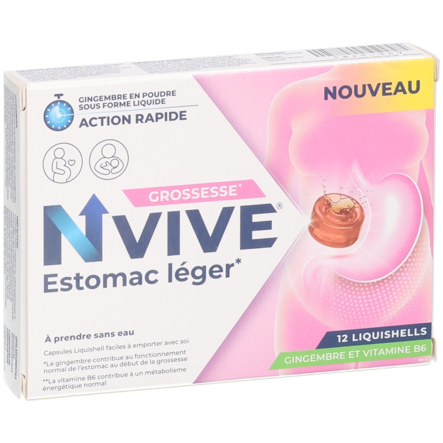 NVIVE Estomac léger: Packung mit 12 Liquishells für Schwangere, Ingwer und Vitamin B6.