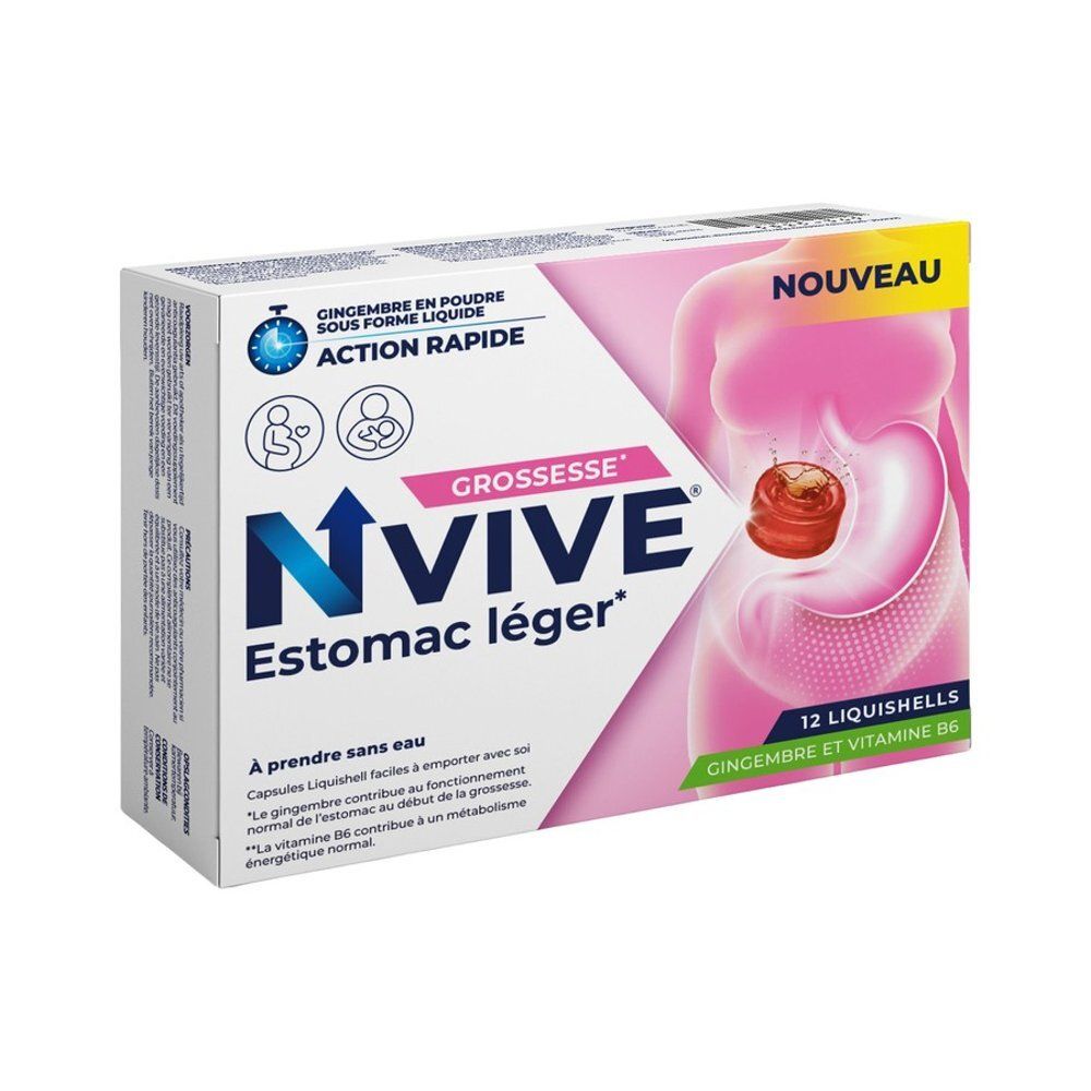 NVIVE Estomac léger, 12 Liquishells mit Ingwer und Vitamin B6 für Schwangere.