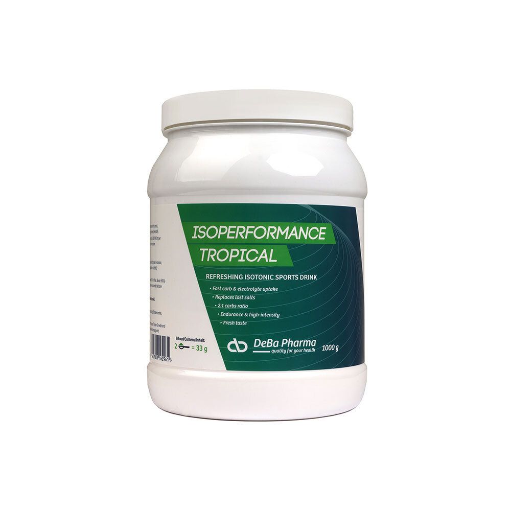 Pot blanc avec étiquette verte. Inscription: Isoperformance Tropical, 1000g. Logo DeBa Pharma.
