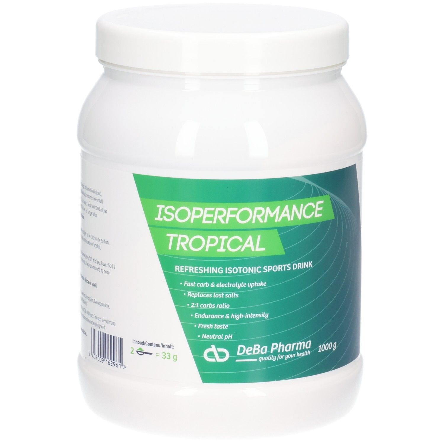 Weißes Dose mit grünem Etikett. Aufschrift: Isoperformance Tropical, 1000g. DeBa Pharma Logo.