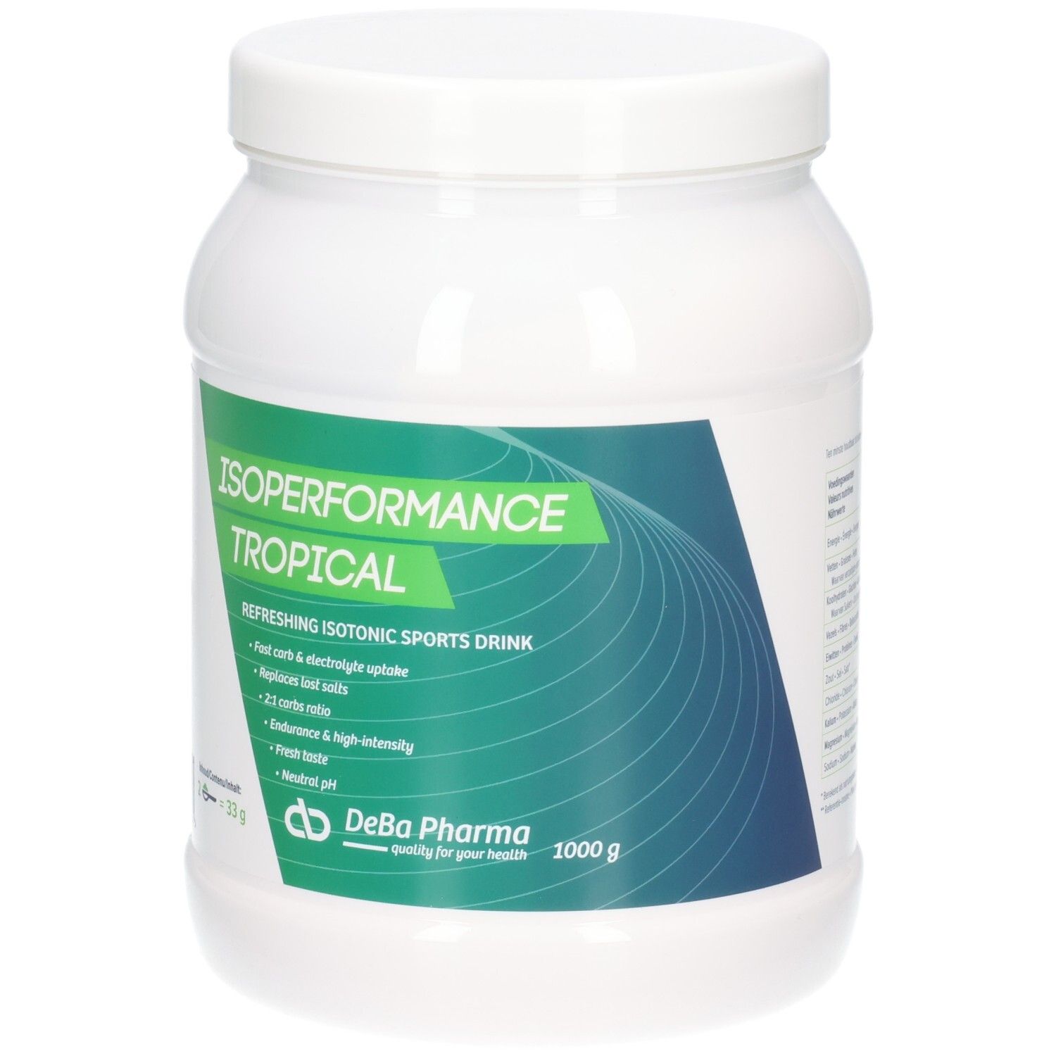 Weißes Dose mit grünem Etikett. Aufschrift: Isoperformance Tropical, 1000g. DeBa Pharma Logo.