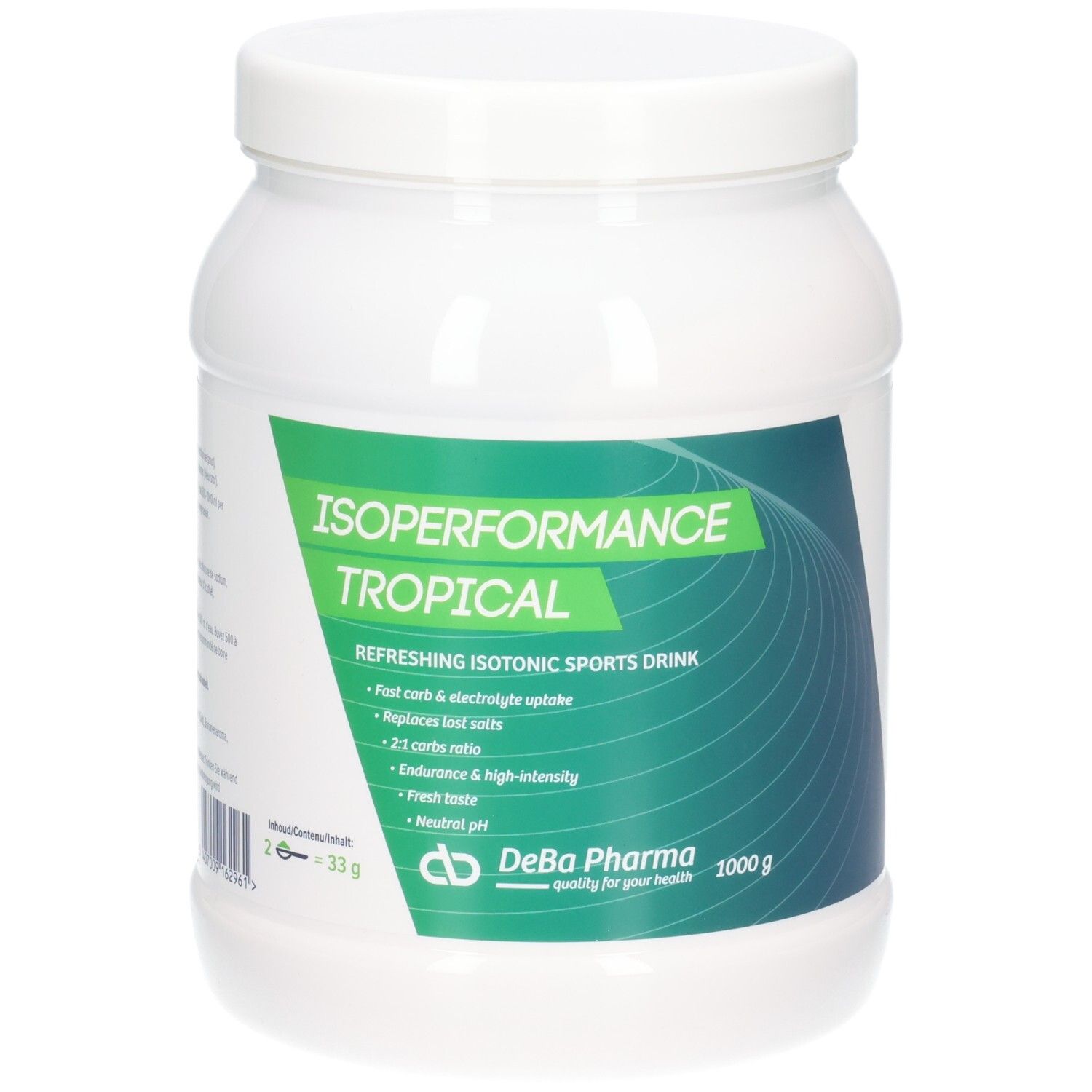 Weißes Dose mit grünem Etikett. Aufschrift: Isoperformance Tropical, 1000g. DeBa Pharma Logo.